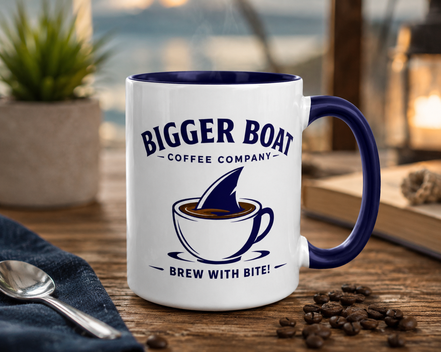 Bigger Boat Coffee Company 15oz Mug | Brew With Bite! Shark Fin Cup