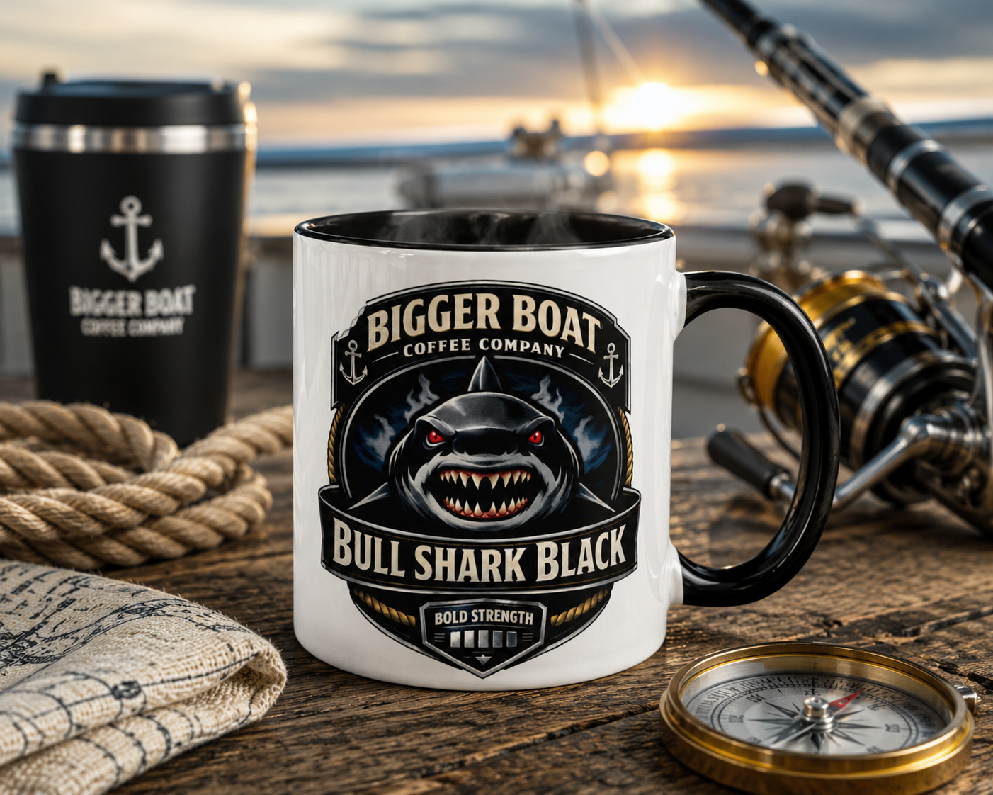 Bigger Boat Coffee Company Bull Shark Black Mug | Bold Strength Shark Coffee Cup