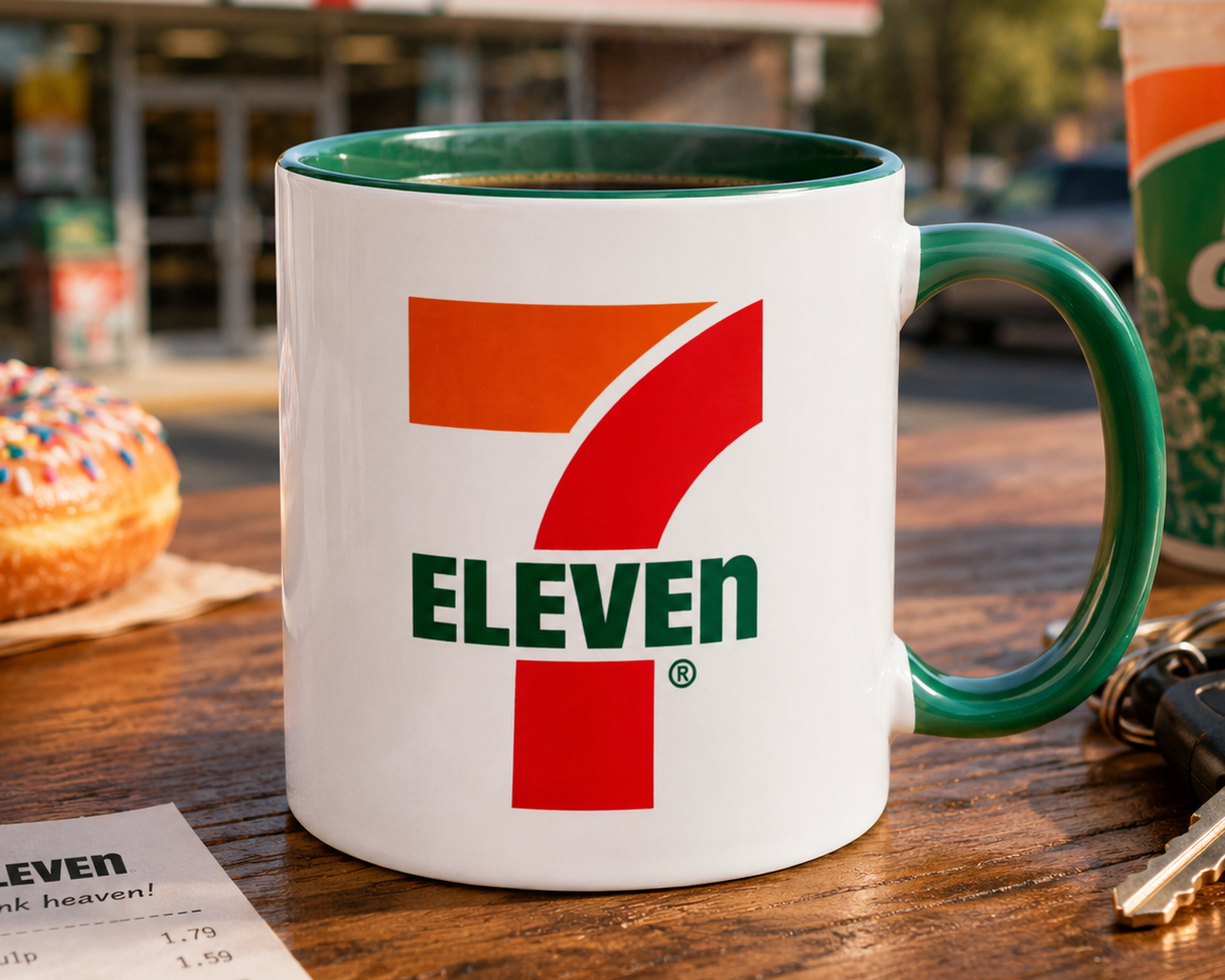 7-Eleven logo coffee mug with green accent handle and interior, featuring the iconic convenience store logo on a white ceramic coffee cup.