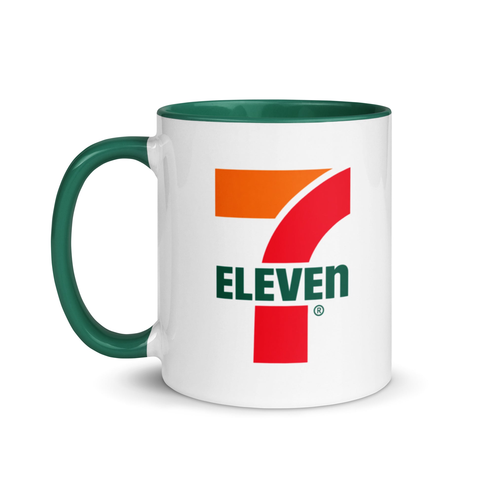 7-Eleven themed coffee mug featuring the recognizable convenience store logo, nostalgic retail memorabilia gift for collectors, travelers, and coffee lovers.