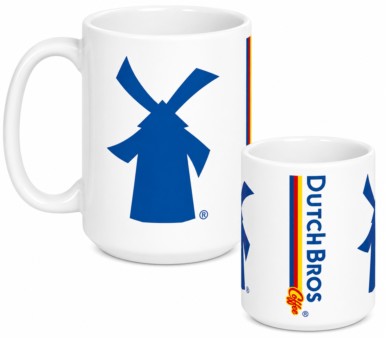 Dutch Bros Coffee windmill logo wraparound coffee mug featuring the iconic blue Dutch Bros emblem on a white 15oz ceramic mug, perfect for coffee lovers and café brand collectors.