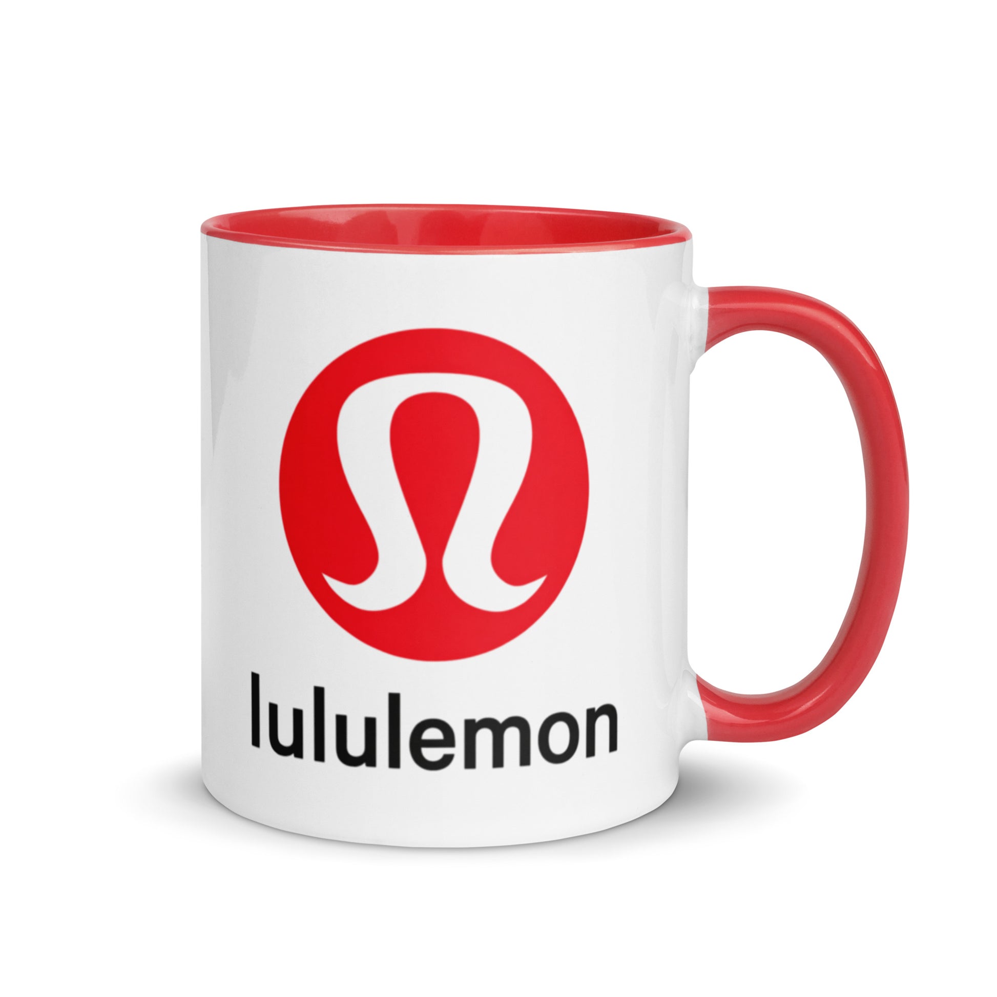 Lululemon logo coffee mug with red accent handle and interior, featuring the iconic athletic apparel brand emblem on a white ceramic mug for fitness enthusiasts, yoga lovers, and collectors.