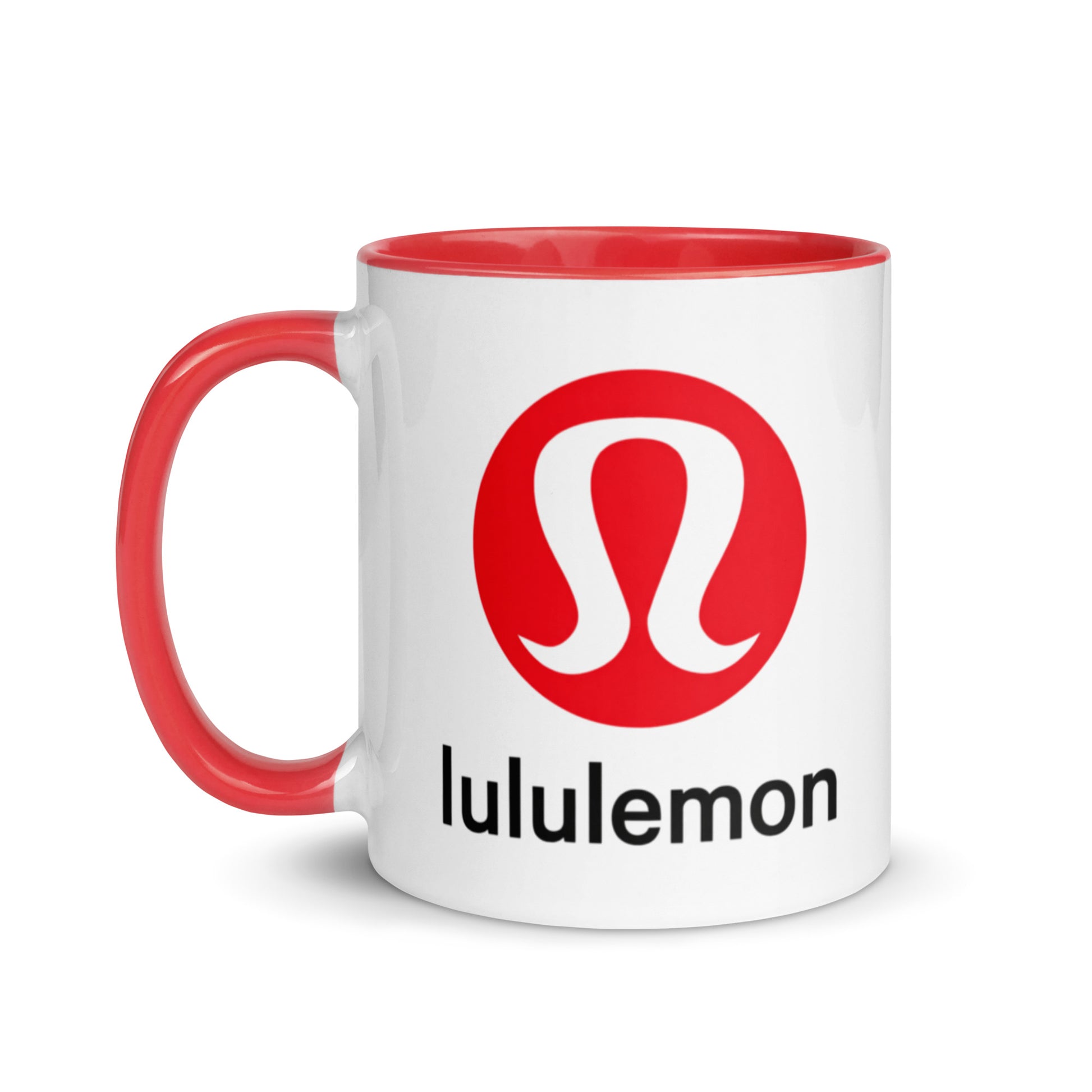 Lululemon themed coffee mug featuring the signature activewear company logo, stylish gift for yoga lovers, fitness fans, gym enthusiasts, and brand collectors.