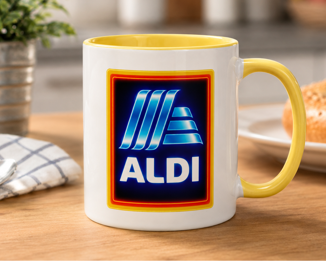 Retro ALDI logo coffee mug inspired by classic discount grocery branding, ideal for grocery store fans, retail workers, coffee lovers, and vintage logo memorabilia collectors.