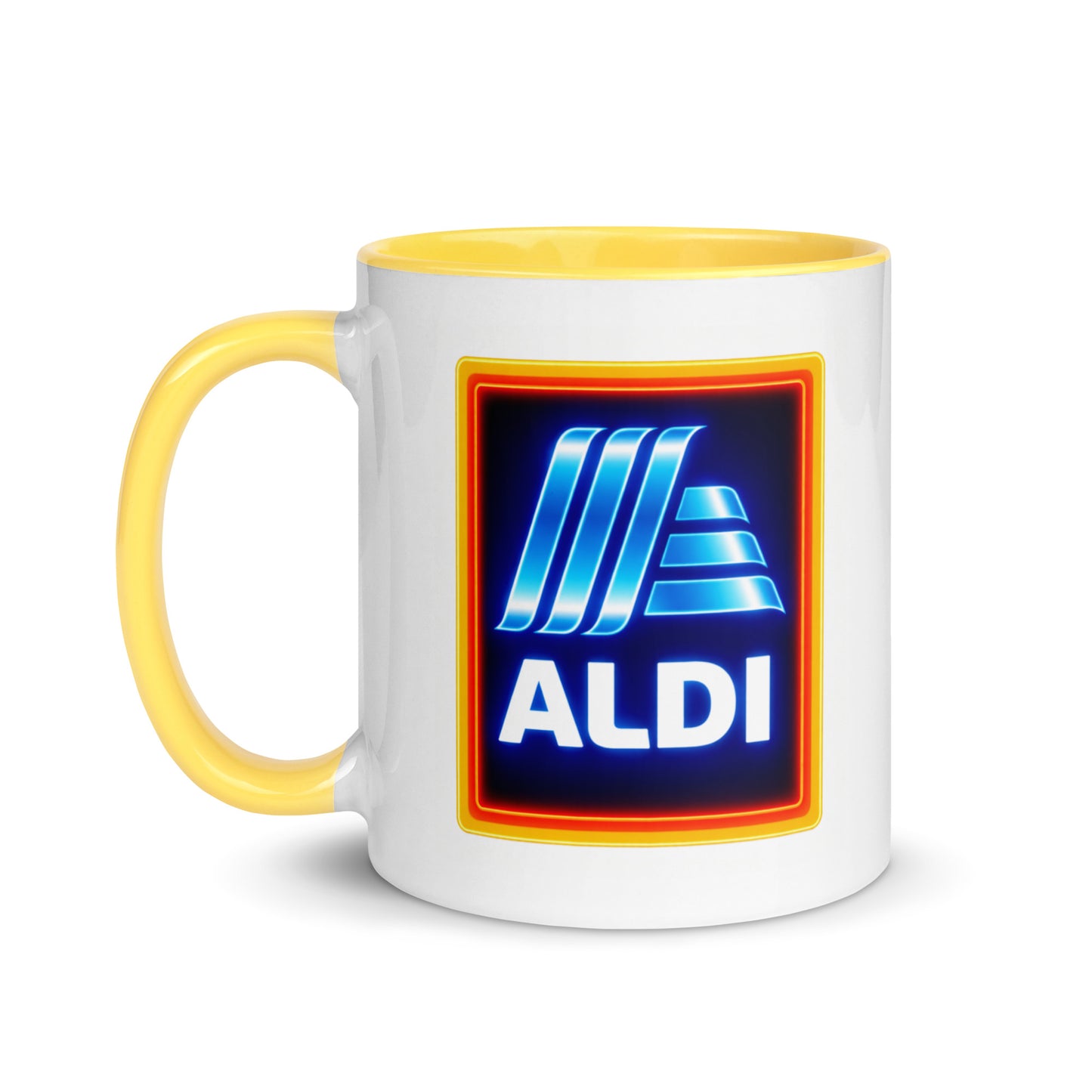 Vintage ALDI logo coffee mug featuring classic blue, yellow, and red grocery store branding, perfect for ALDI shoppers, supermarket enthusiasts, and retro advertising collectors.