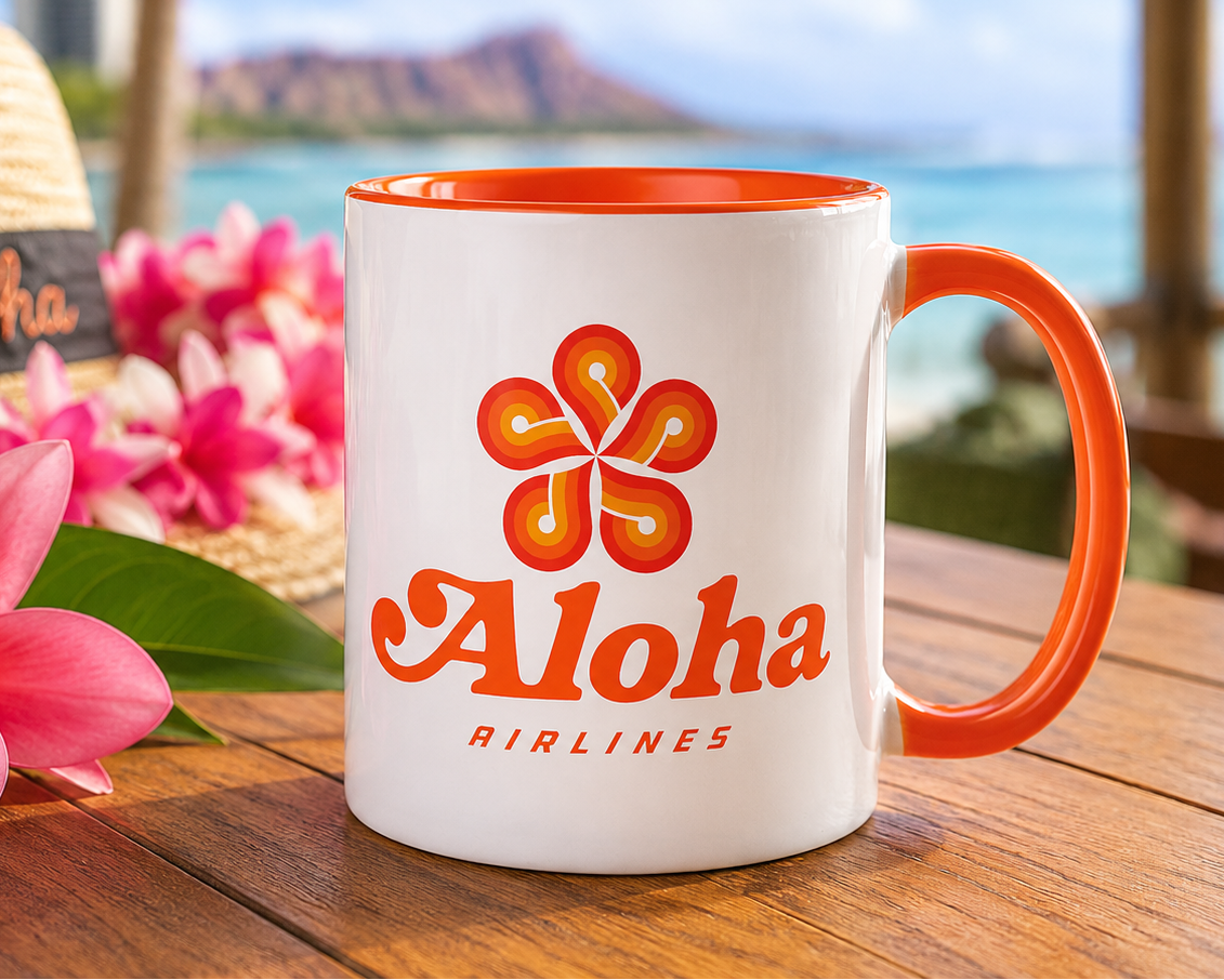Aloha Airlines logo coffee mug featuring the classic Hawaiian flower emblem on a white ceramic mug with orange handle, perfect for aviation enthusiasts and island travel collectors.