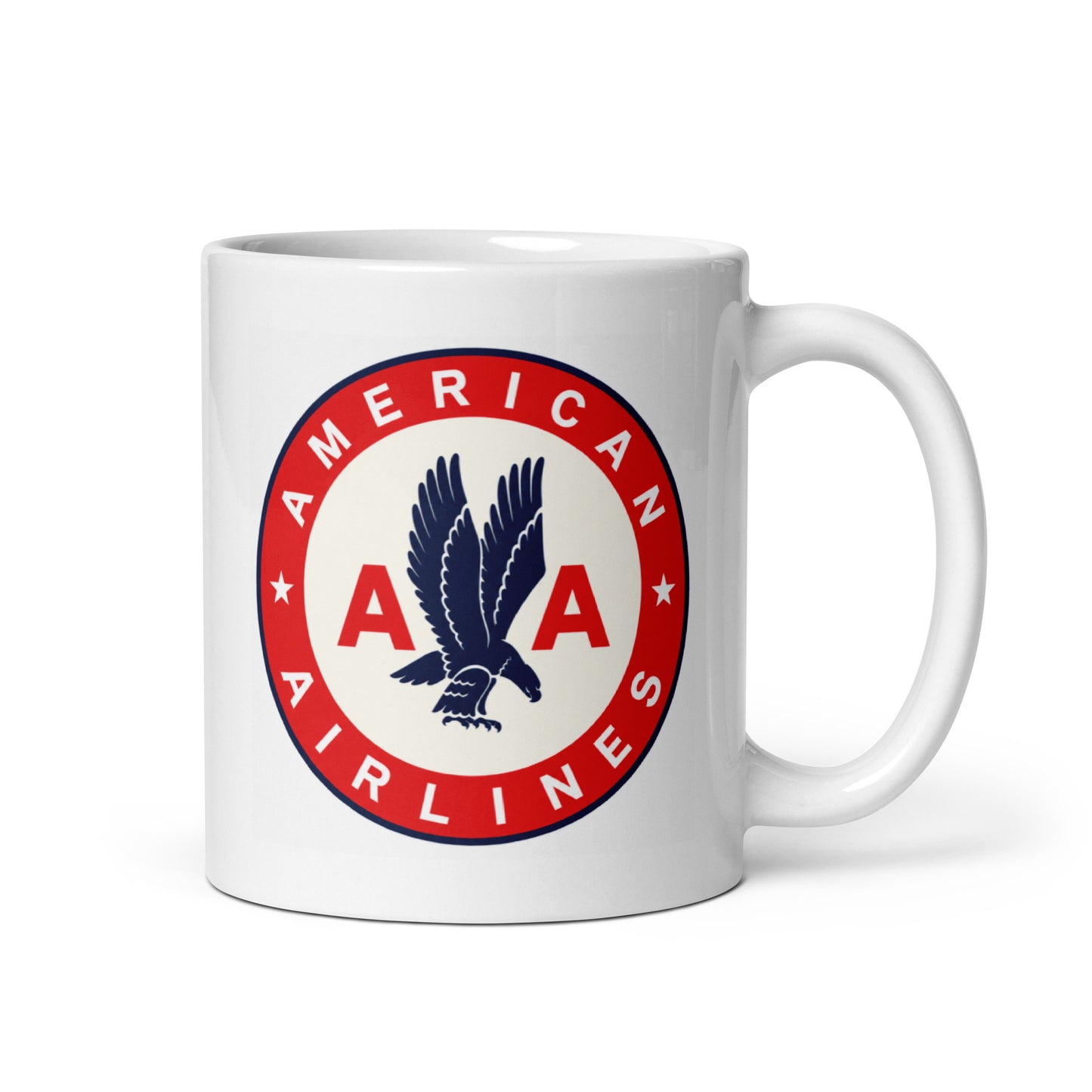 Vintage American Airlines logo coffee mug featuring the classic AA eagle emblem on a white ceramic mug, perfect for aviation enthusiasts, airline memorabilia collectors, and retro travel décor.