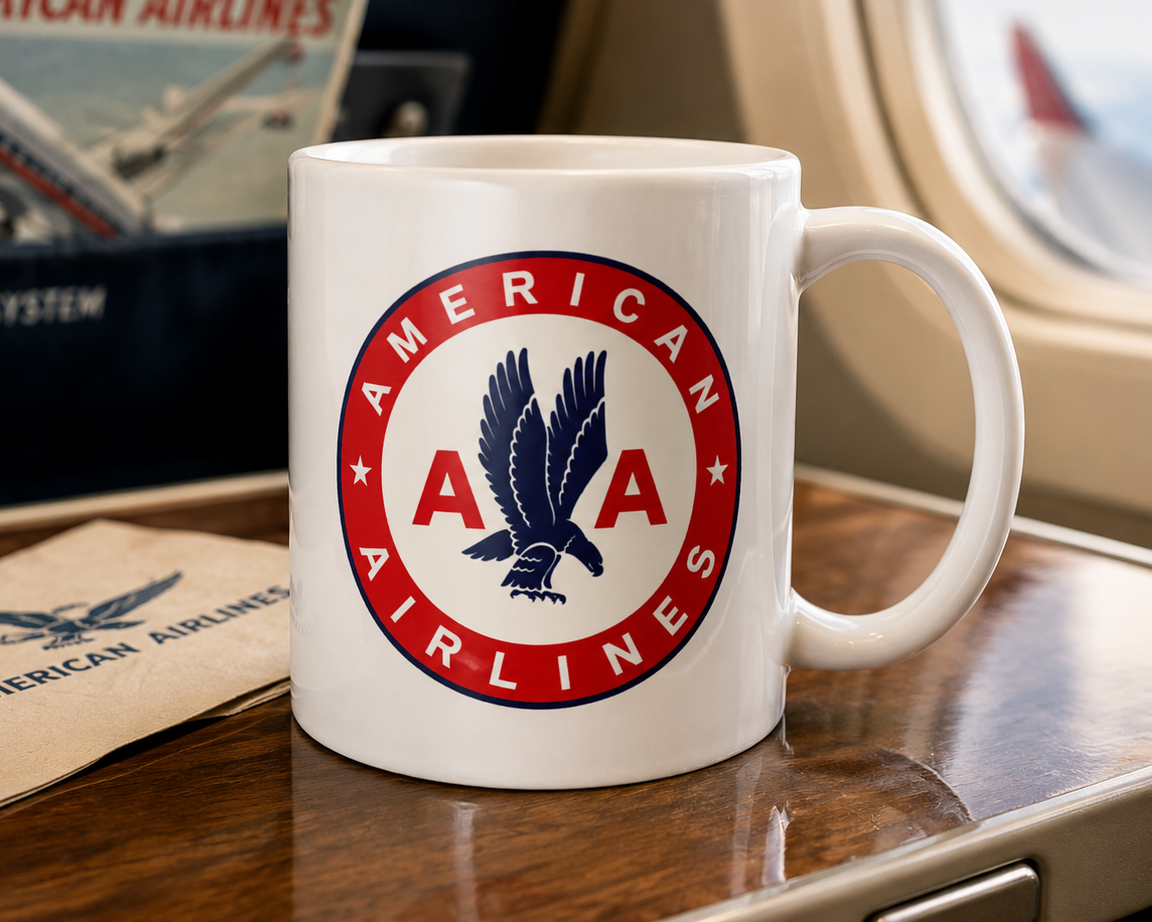 Vintage American Airlines logo coffee mug featuring the classic AA eagle emblem on a white ceramic mug, perfect for aviation enthusiasts, airline memorabilia collectors, and retro travel décor.