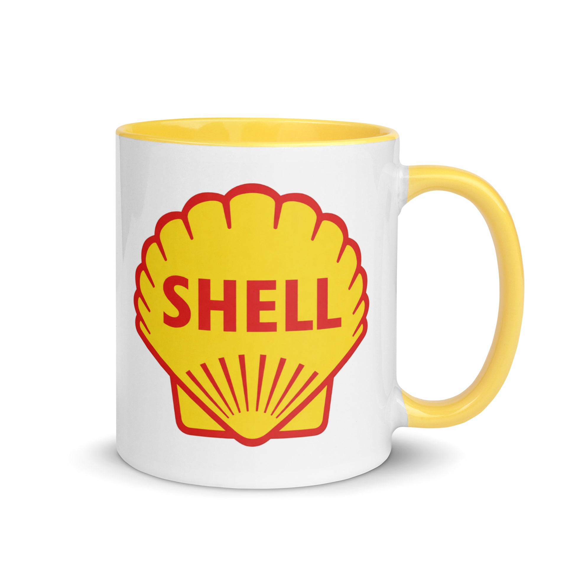 Shell logo coffee mug with yellow accent handle and interior, featuring the iconic yellow and red petroleum company emblem on a white ceramic mug for collectors, automotive enthusiasts, and retro Americana fans.
