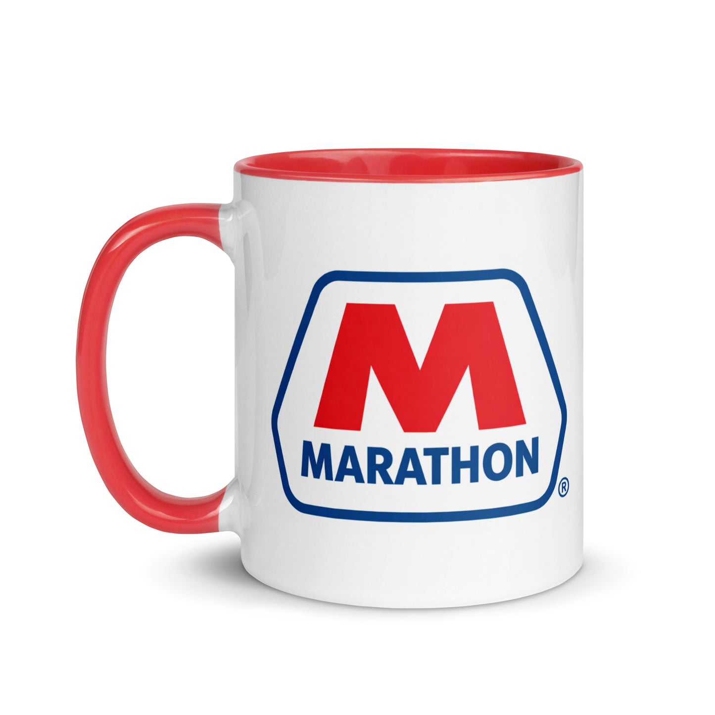 Marathon themed coffee mug featuring the recognizable gasoline brand logo, nostalgic gift for classic car enthusiasts, truck drivers, collectors, and Americana lovers.