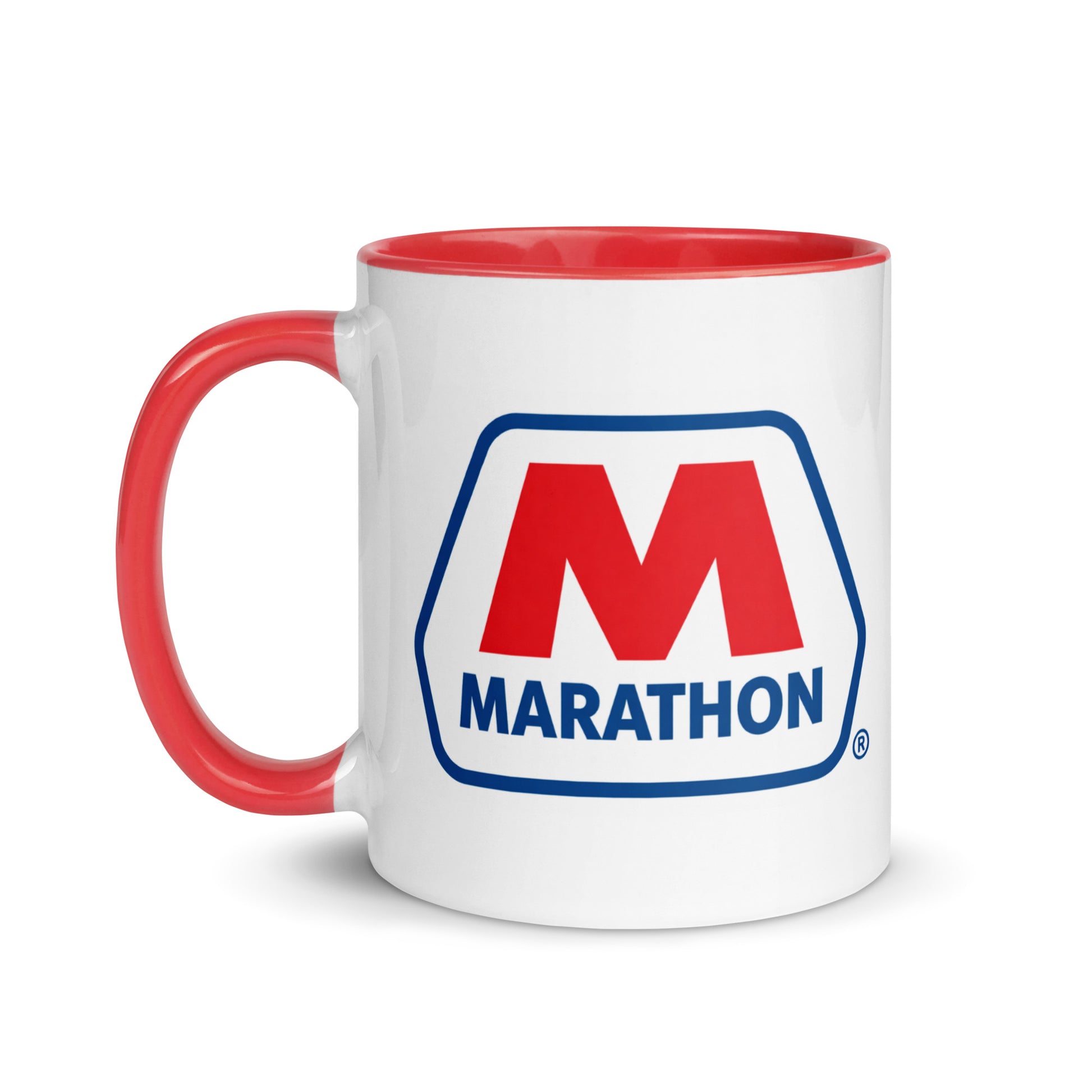 Marathon themed coffee mug featuring the recognizable gasoline brand logo, nostalgic gift for classic car enthusiasts, truck drivers, collectors, and Americana lovers.