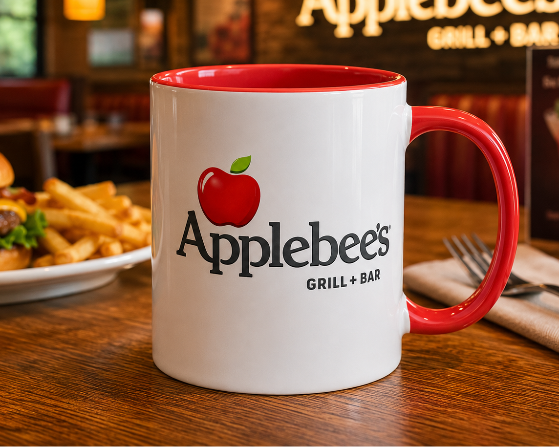 Applebee’s Grill + Bar logo coffee mug featuring the iconic red apple design on a white ceramic mug with red handle, perfect for restaurant fans and memorabilia collectors.