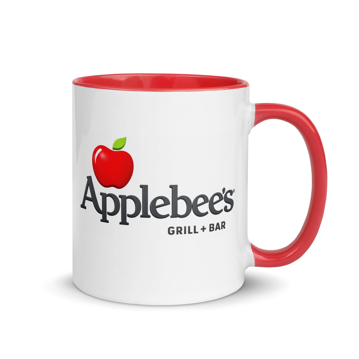 Applebee’s Grill + Bar logo coffee mug featuring the iconic red apple design on a white ceramic mug with red handle, perfect for restaurant fans and memorabilia collectors.