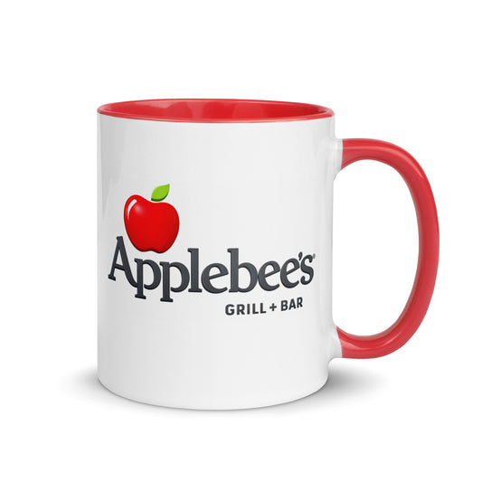 Applebee’s Grill + Bar logo coffee mug featuring the iconic red apple design on a white ceramic mug with red handle, perfect for restaurant fans and memorabilia collectors.