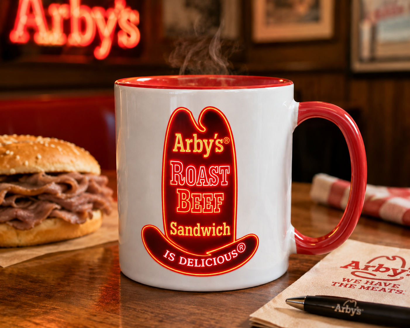 Retro Arby’s coffee mug showcasing the iconic Roast Beef sandwich cowboy hat sign logo, ideal for vintage advertising collectors, road trip lovers, and restaurant memorabilia enthusiasts.