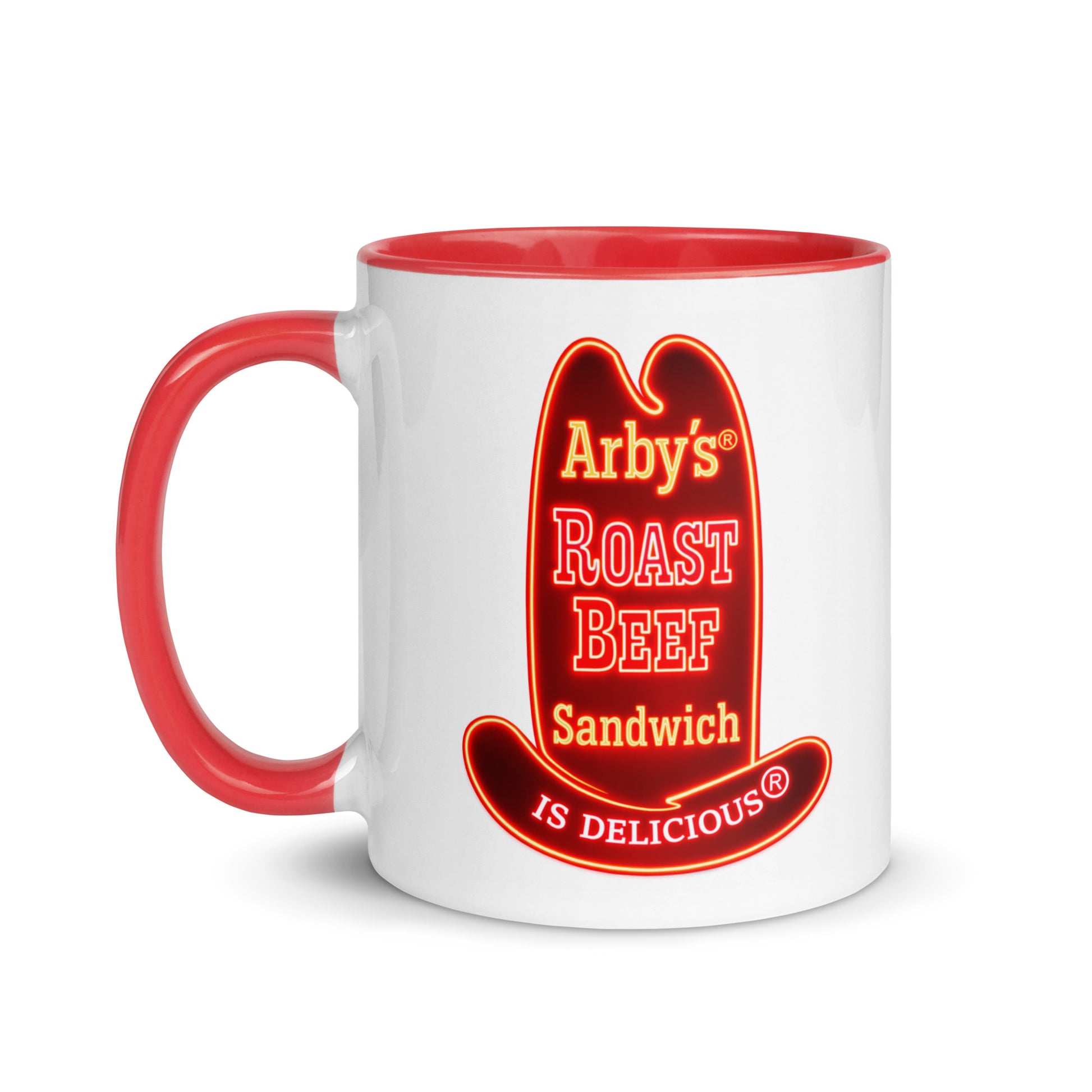 Vintage Arby’s Roast Beef sign logo coffee mug featuring the classic cowboy hat sign design, perfect for fast food memorabilia collectors, restaurant nostalgia fans, and retro Americana enthusiasts.