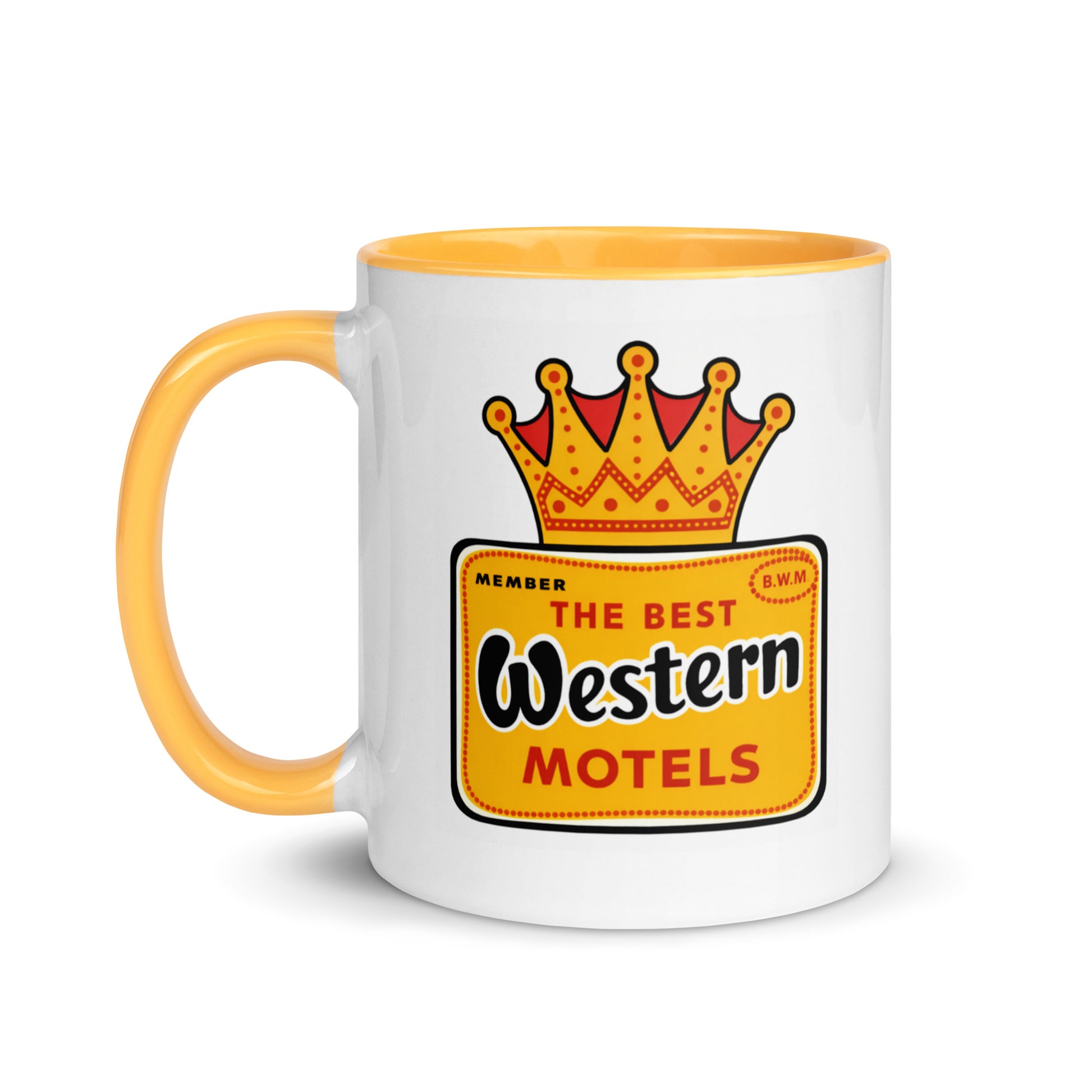 Vintage Best Western Motels logo coffee mug with the iconic crowned sign design on a premium ceramic mug, an ideal gift for classic motel fans, Route 66 travelers, hospitality professionals, and Americana collectors.