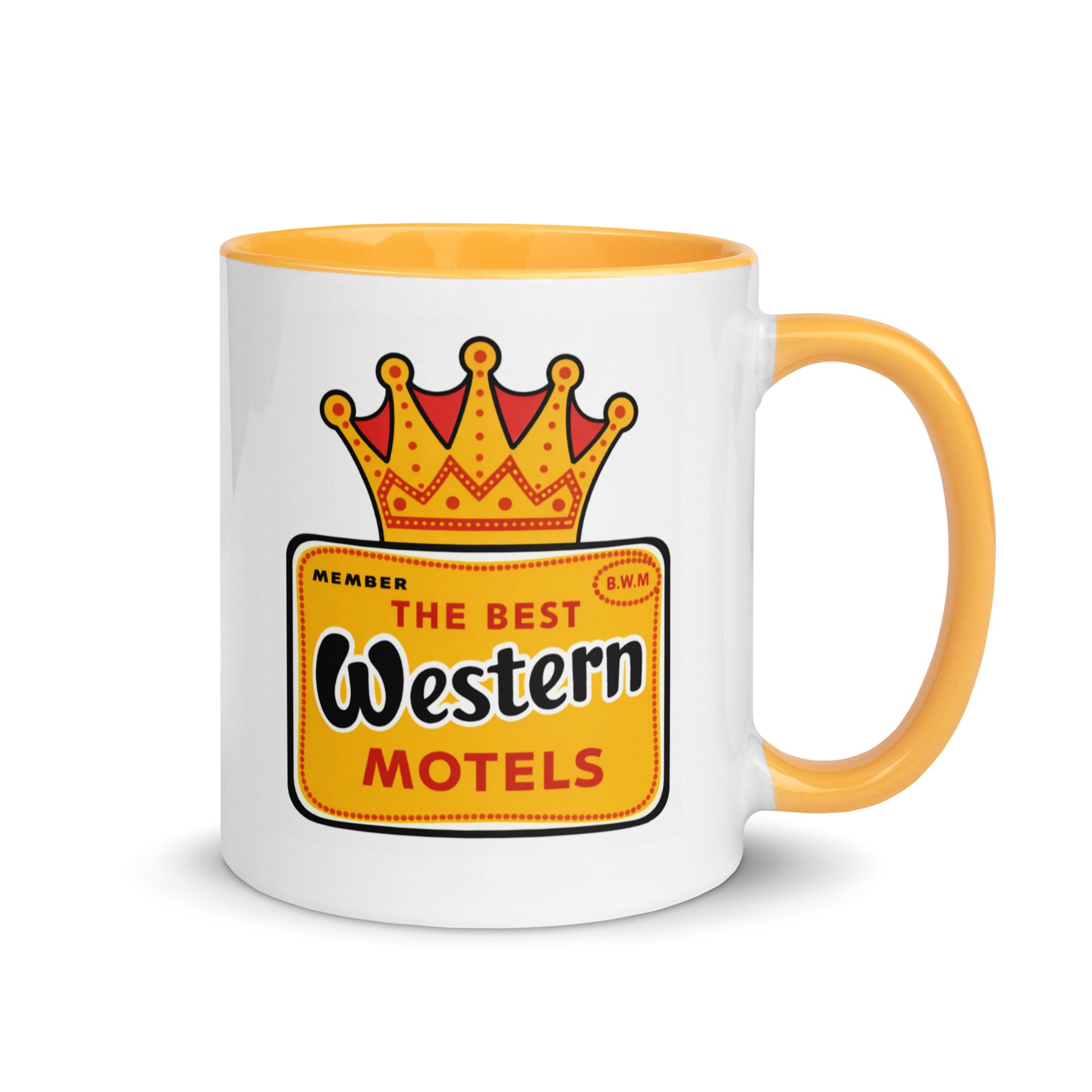 Classic Best Western coffee mug featuring the vintage Best Western Motels crowned logo printed on a premium ceramic mug with golden yellow handle and interior, perfect for road trip enthusiasts, motel memorabilia collectors, and nostalgic travel gifts.