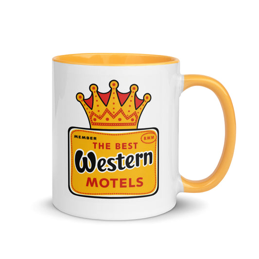 Classic Best Western coffee mug featuring the vintage Best Western Motels crowned logo printed on a premium ceramic mug with golden yellow handle and interior, perfect for road trip enthusiasts, motel memorabilia collectors, and nostalgic travel gifts.