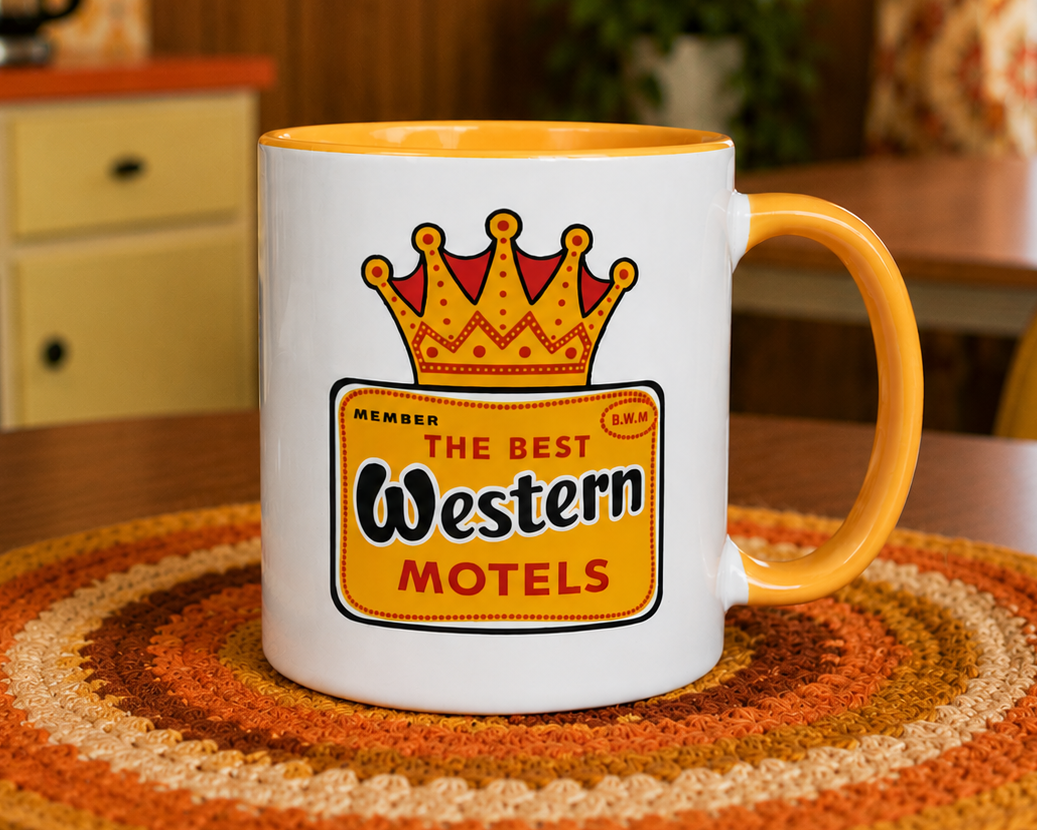Classic Best Western coffee mug featuring the vintage Best Western Motels crowned logo printed on a premium ceramic mug with golden yellow handle and interior, perfect for road trip enthusiasts, motel memorabilia collectors, and nostalgic travel gifts.