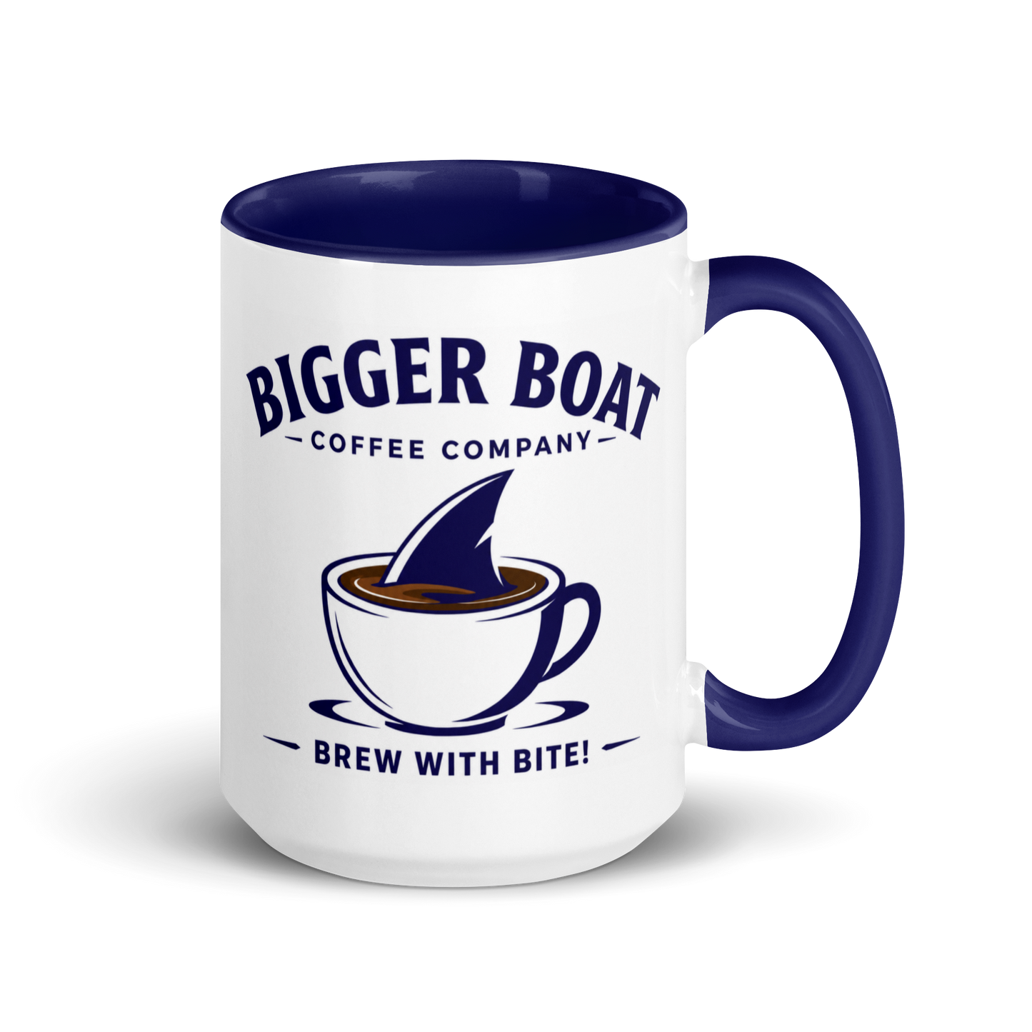 Bigger Boat Coffee Company 15oz Mug | Brew With Bite! Shark Fin Cup