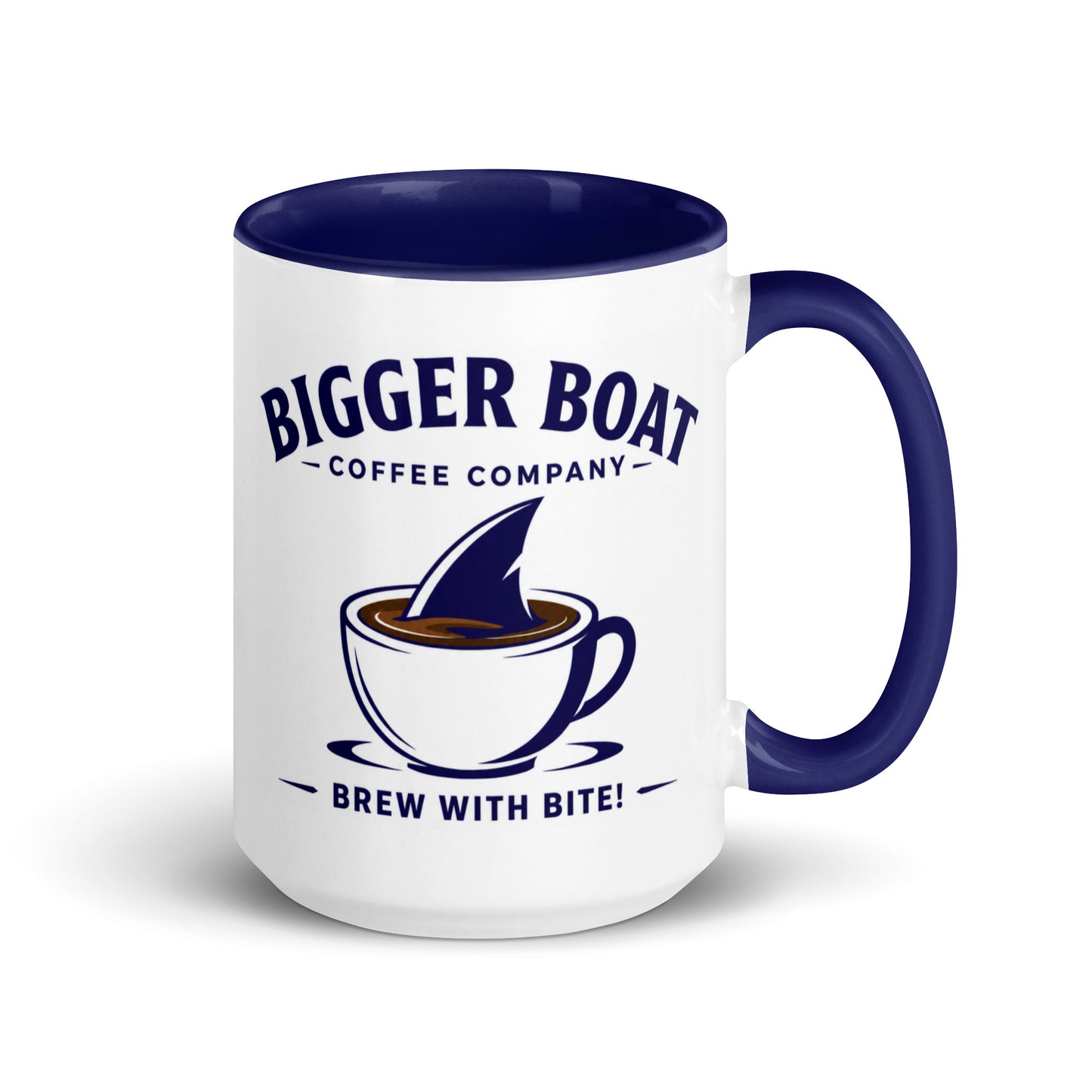 Bigger Boat Coffee Company shark fin coffee mug featuring the Brew With Bite slogan, perfect for shark enthusiasts, coffee lovers, ocean fans, and nautical gift giving.