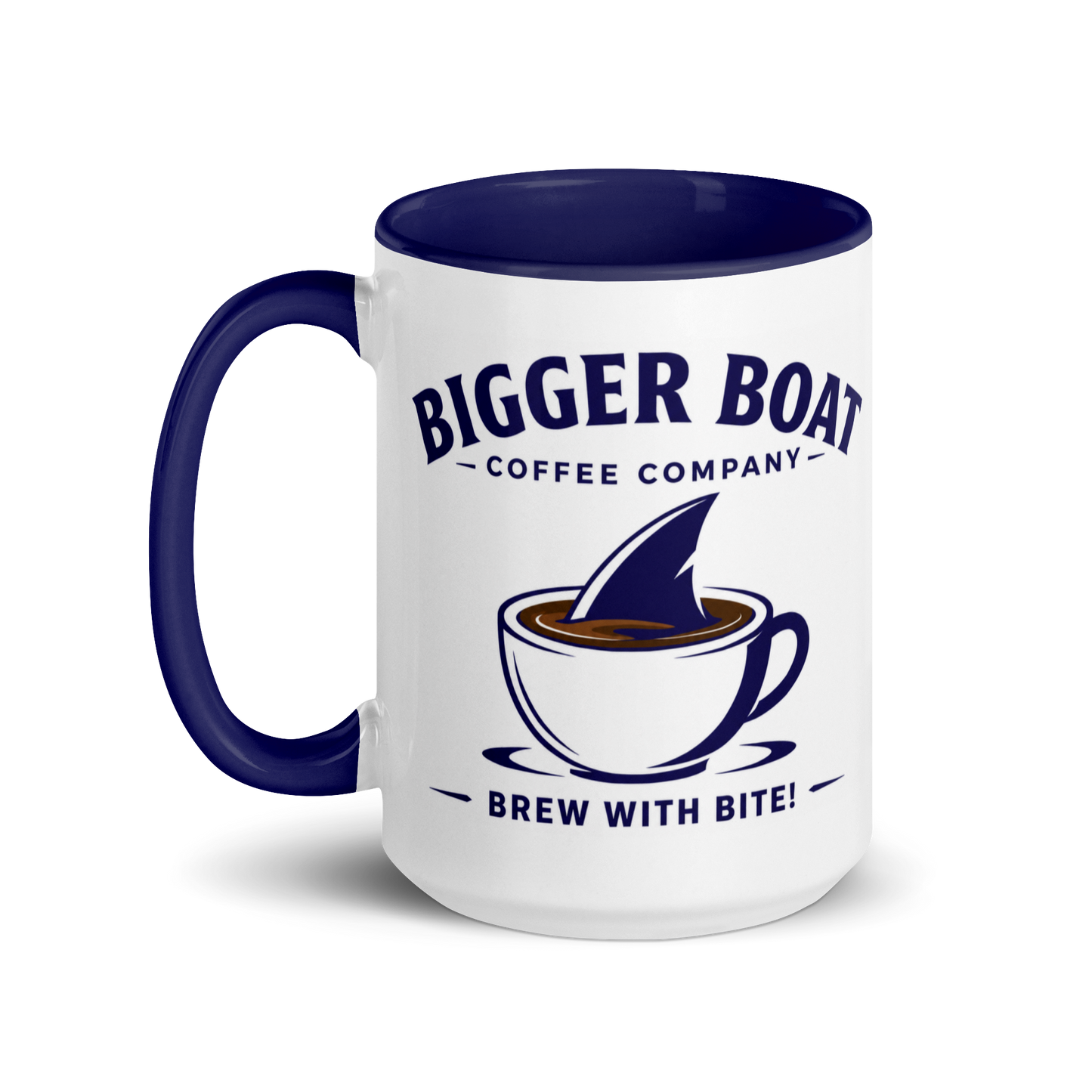 Bigger Boat Coffee Company 15oz Mug | Brew With Bite! Shark Fin Cup