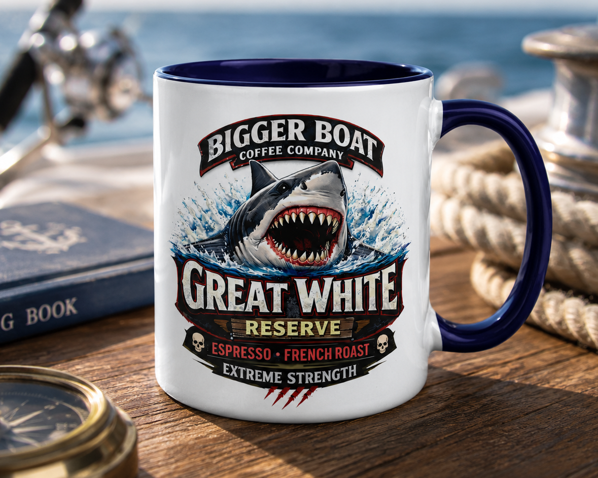 Bigger Boat Coffee Company Great White Reserve mug showcasing a powerful great white shark bursting through ocean waves, ideal gift for fishermen, marine life collectors, boaters, and nautical décor enthusiasts.