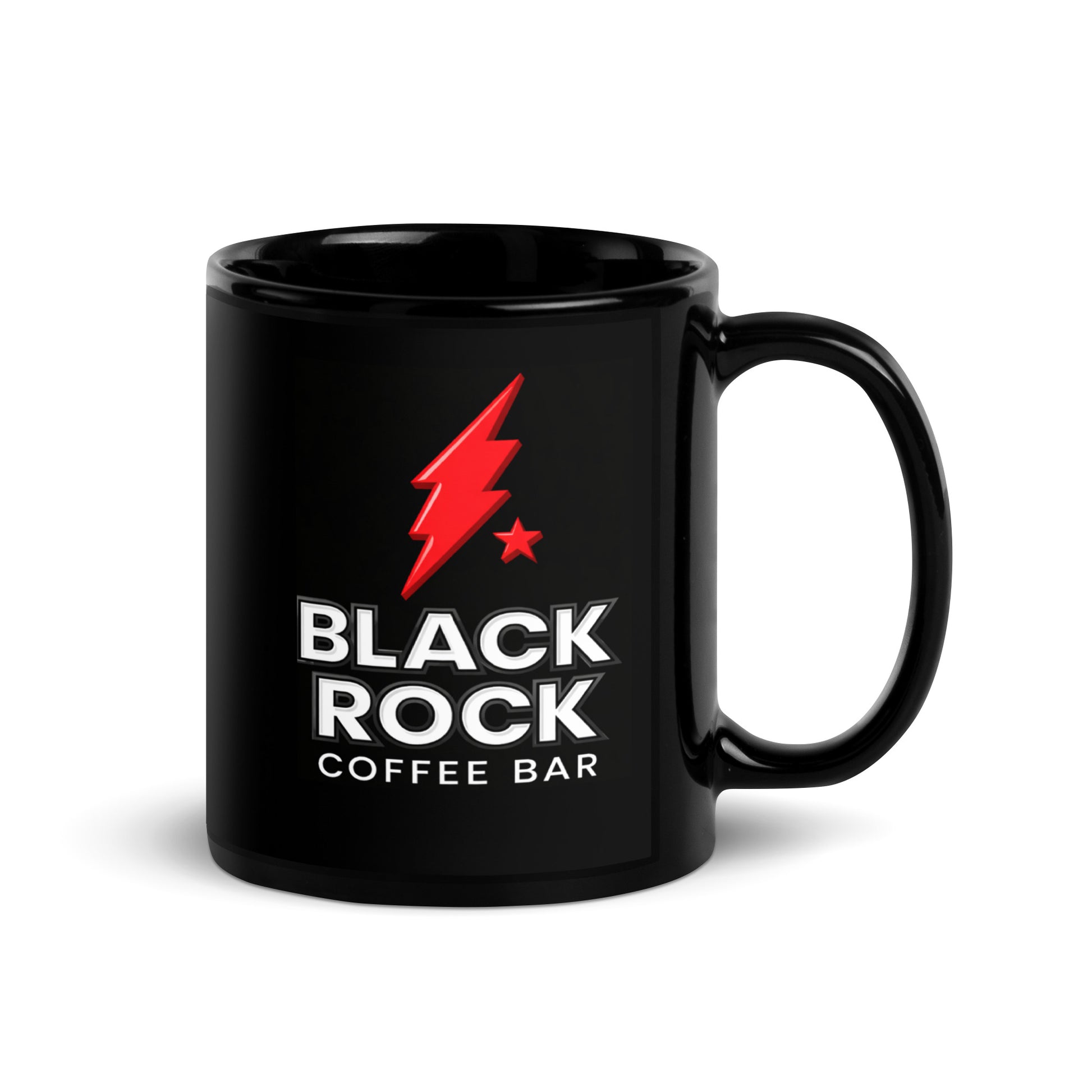 Black Rock Coffee Bar logo coffee mug featuring the iconic red lightning bolt and classic Black Rock Coffee Bar branding printed on a premium black ceramic mug, perfect for coffee lovers, café enthusiasts, and collectible drinkware fans.