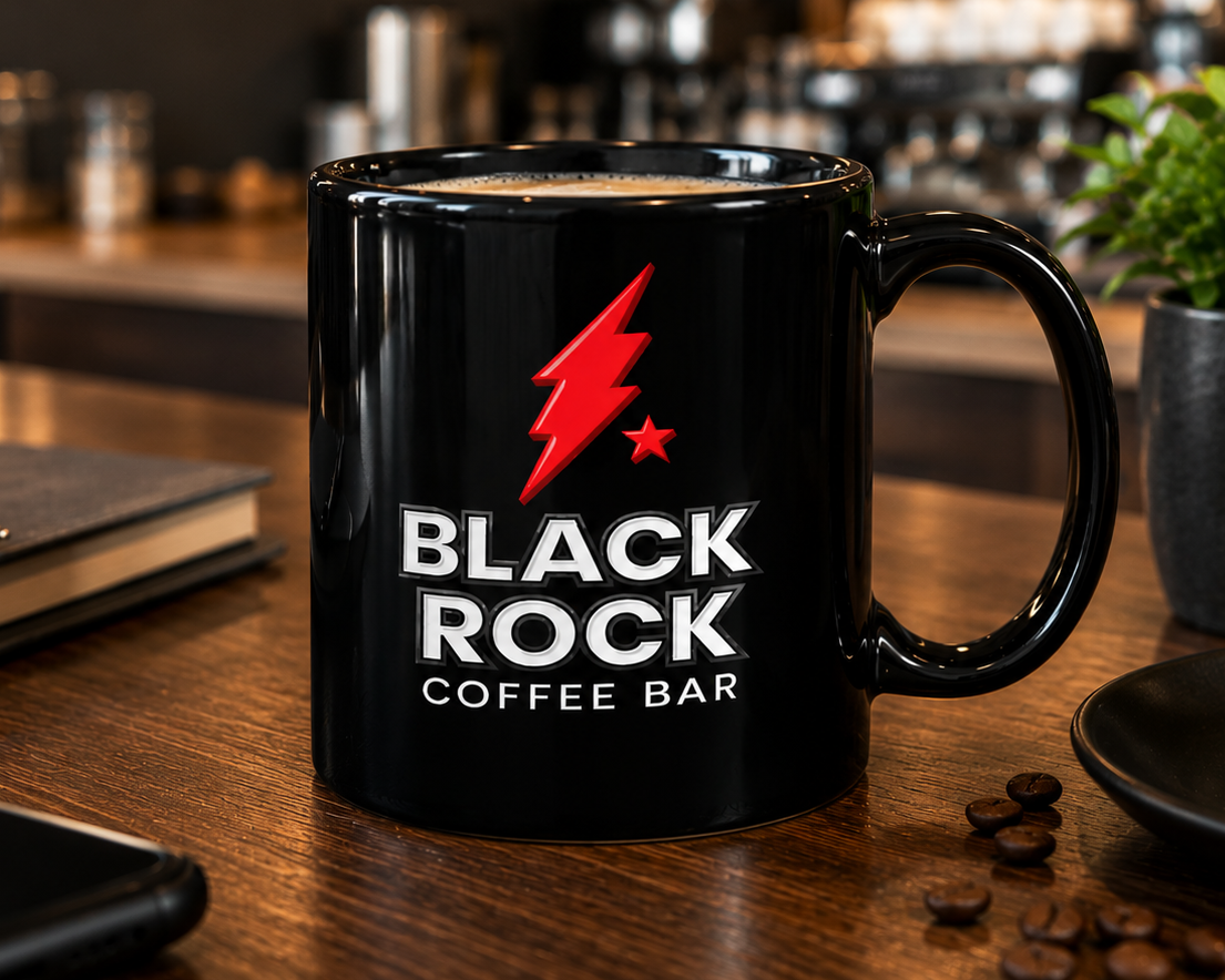 Black Rock Coffee Bar logo coffee mug featuring the iconic red lightning bolt and classic Black Rock Coffee Bar branding printed on a premium black ceramic mug, perfect for coffee lovers, café enthusiasts, and collectible drinkware fans.