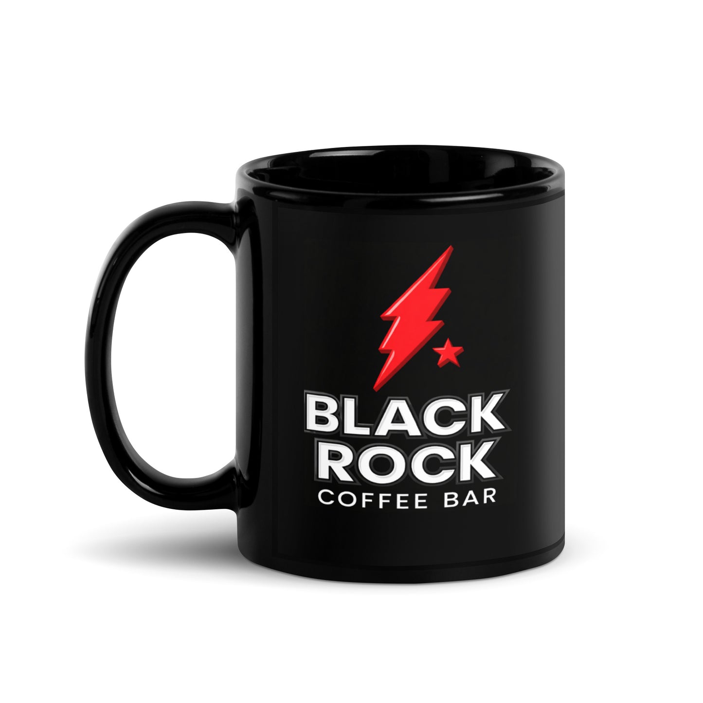 Premium black ceramic coffee mug with classic Black Rock Coffee Bar logo and red lightning bolt design, perfect for everyday coffee enjoyment, café-inspired kitchen décor, office coffee stations, and coffee shop memorabilia collections.