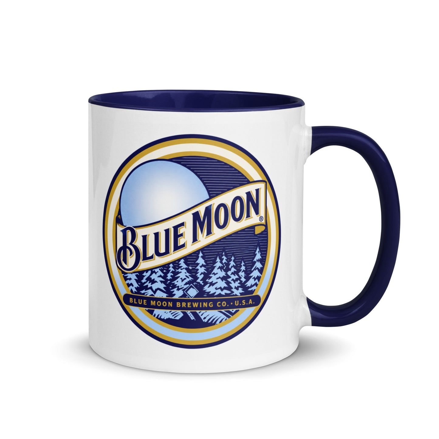Blue Moon Brewing Company logo coffee mug featuring the iconic moonlit forest design on a white ceramic mug with blue handle, perfect for beer enthusiasts and collectors.