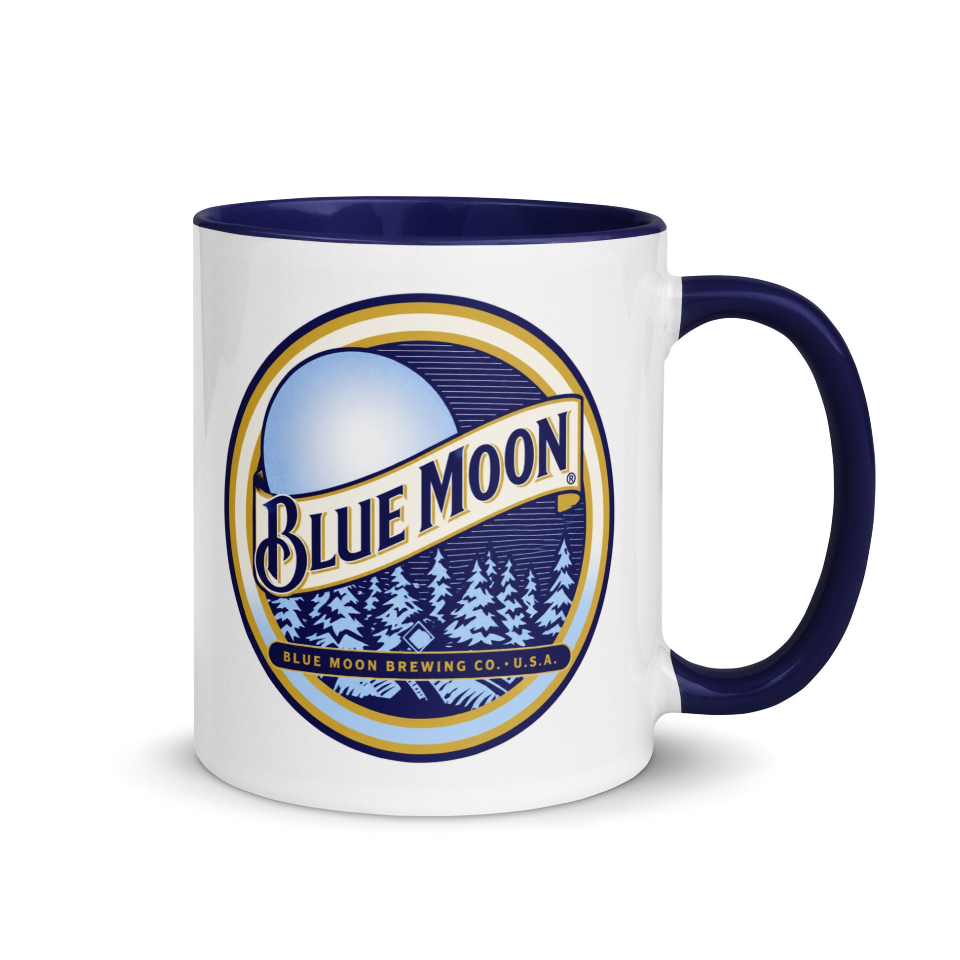 Blue Moon Brewing Company logo coffee mug featuring the iconic moonlit forest design on a white ceramic mug with blue handle, perfect for beer enthusiasts and collectors.