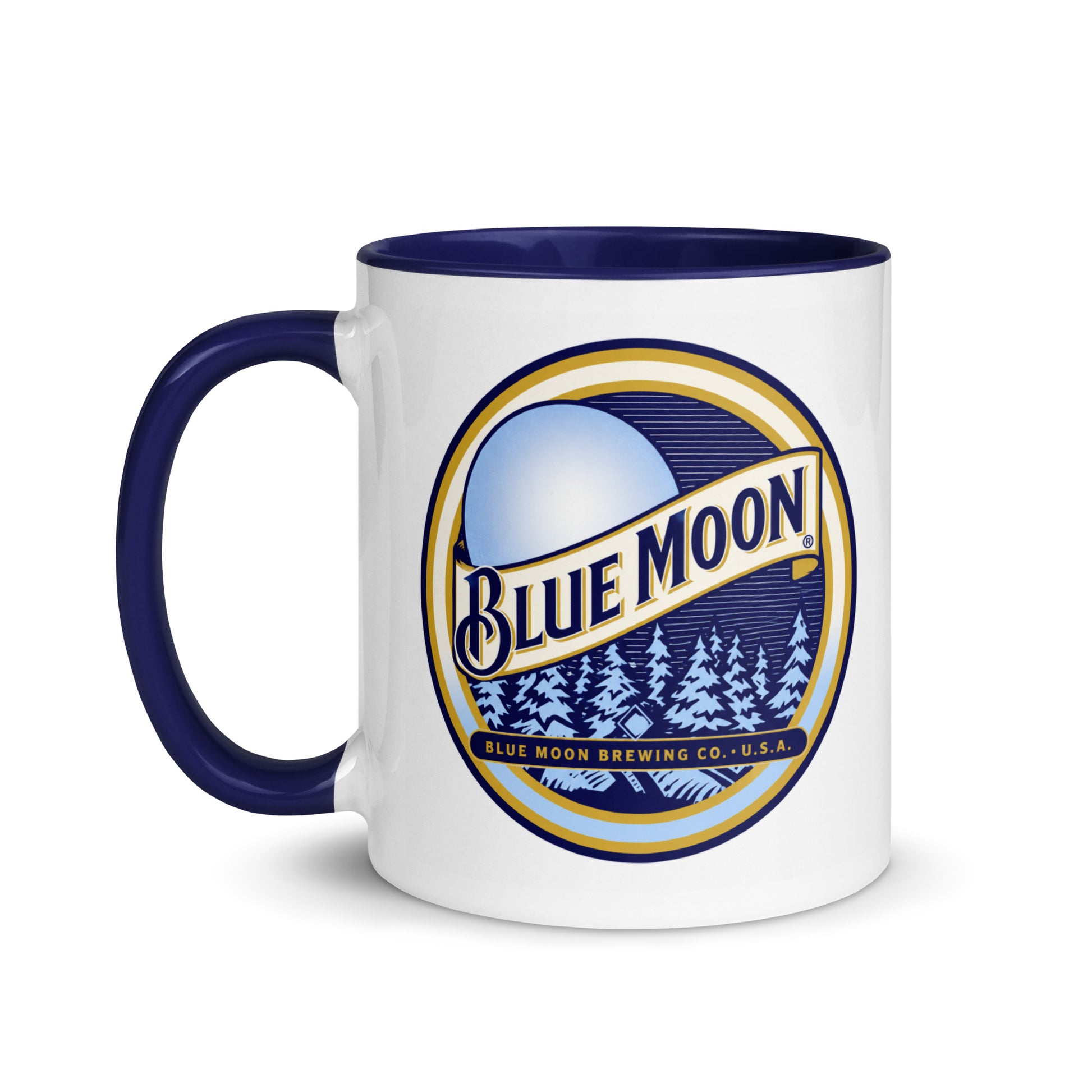 Blue Moon beer logo ceramic coffee mug with classic brewery artwork, ideal gift for craft beer fans, home bar enthusiasts, and brewing memorabilia collectors.