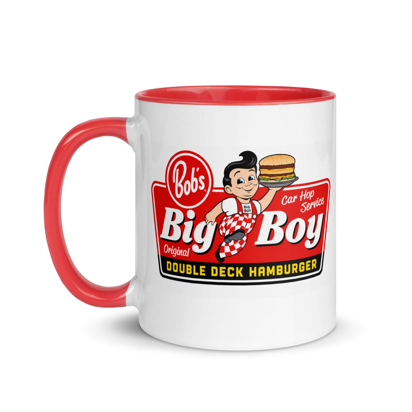 Vintage Bob's Big Boy ceramic coffee mug showcasing the iconic Big Boy mascot with classic restaurant branding, an ideal gift for burger lovers, retro diner enthusiasts, and advertising collectors.