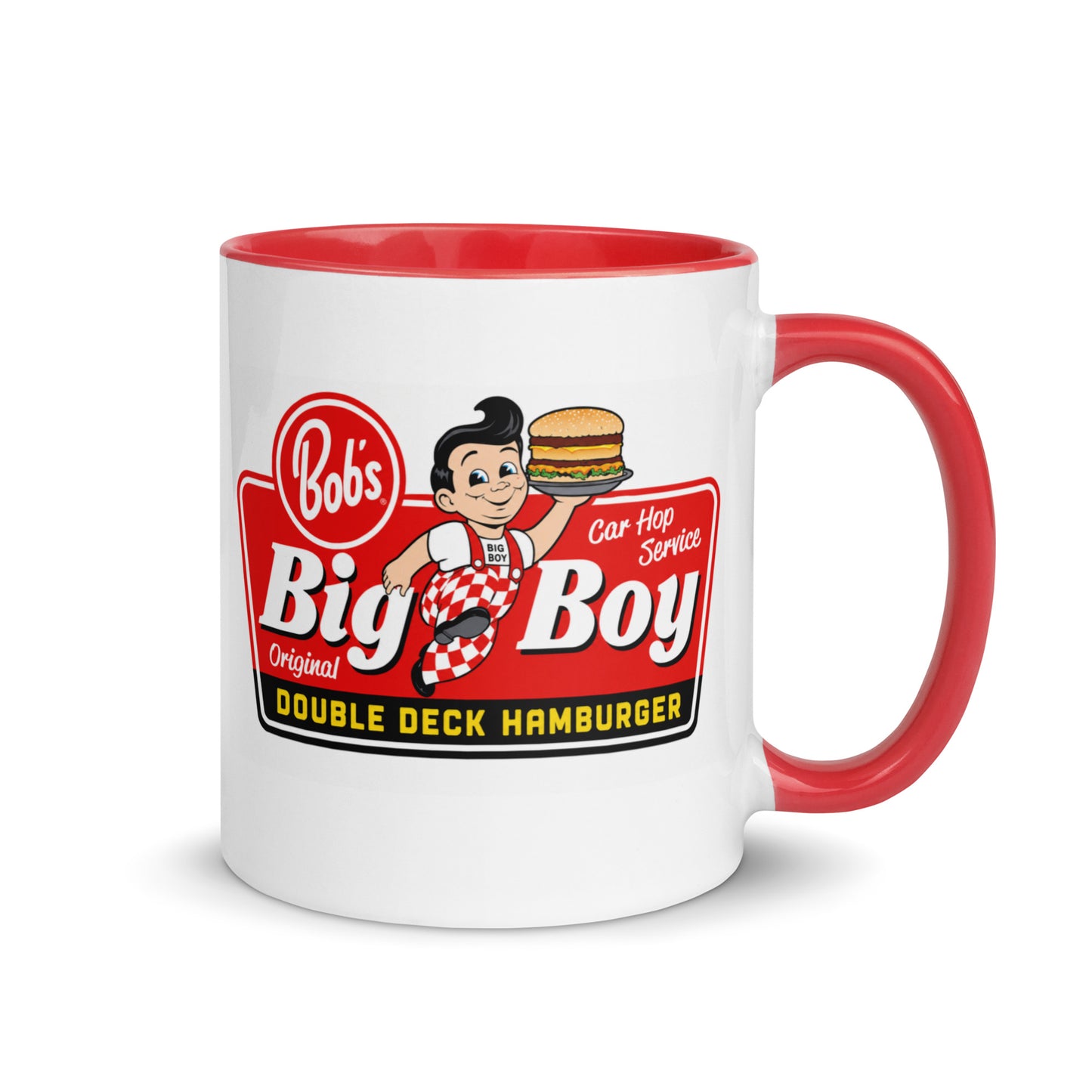 Bob's Big Boy logo coffee mug featuring the classic Big Boy mascot and Double Deck Hamburger design on a white ceramic mug with red handle and interior, perfect for retro diner fans and nostalgic restaurant memorabilia collectors.