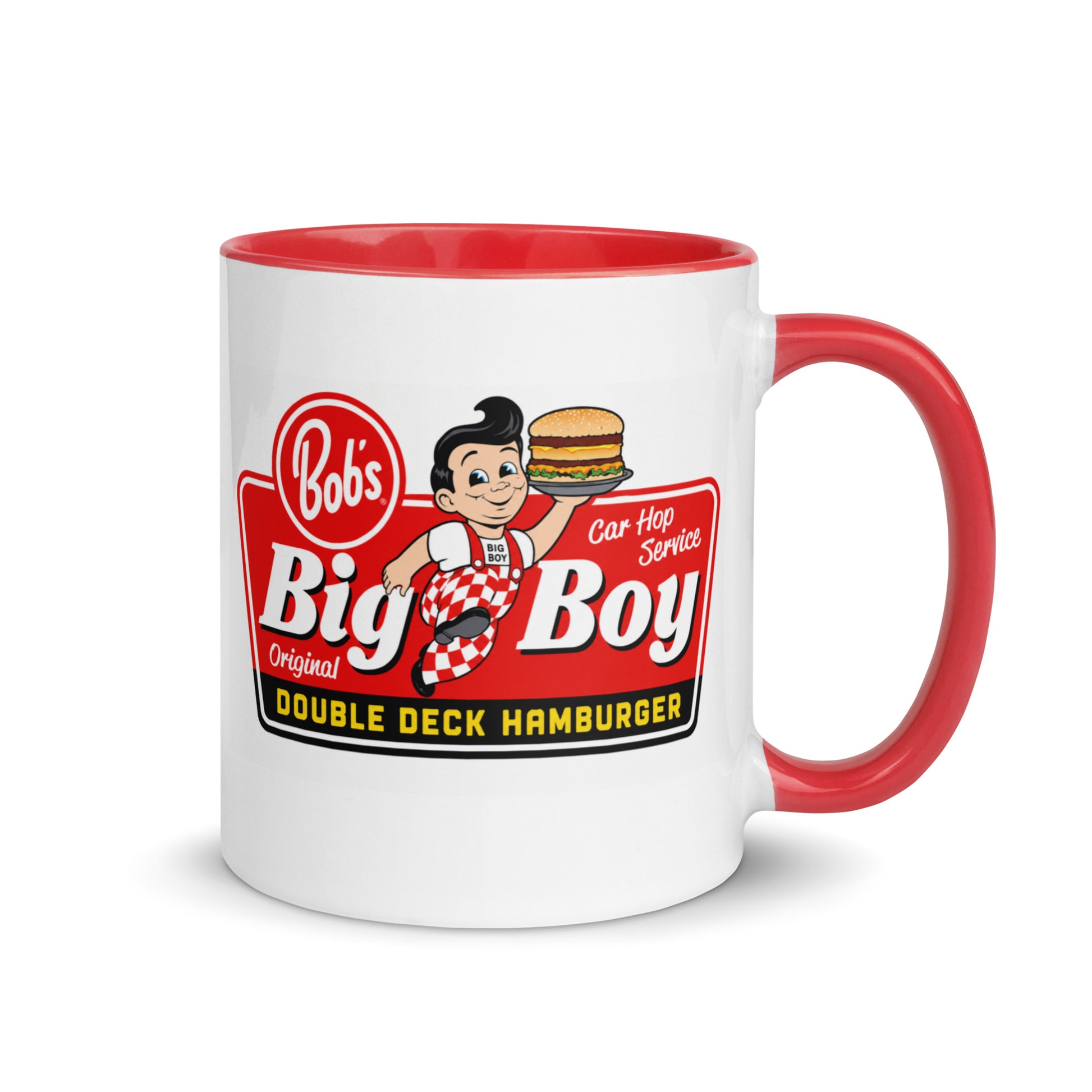 Bob's Big Boy logo coffee mug featuring the classic Big Boy mascot and Double Deck Hamburger design on a white ceramic mug with red handle and interior, perfect for retro diner fans and nostalgic restaurant memorabilia collectors.