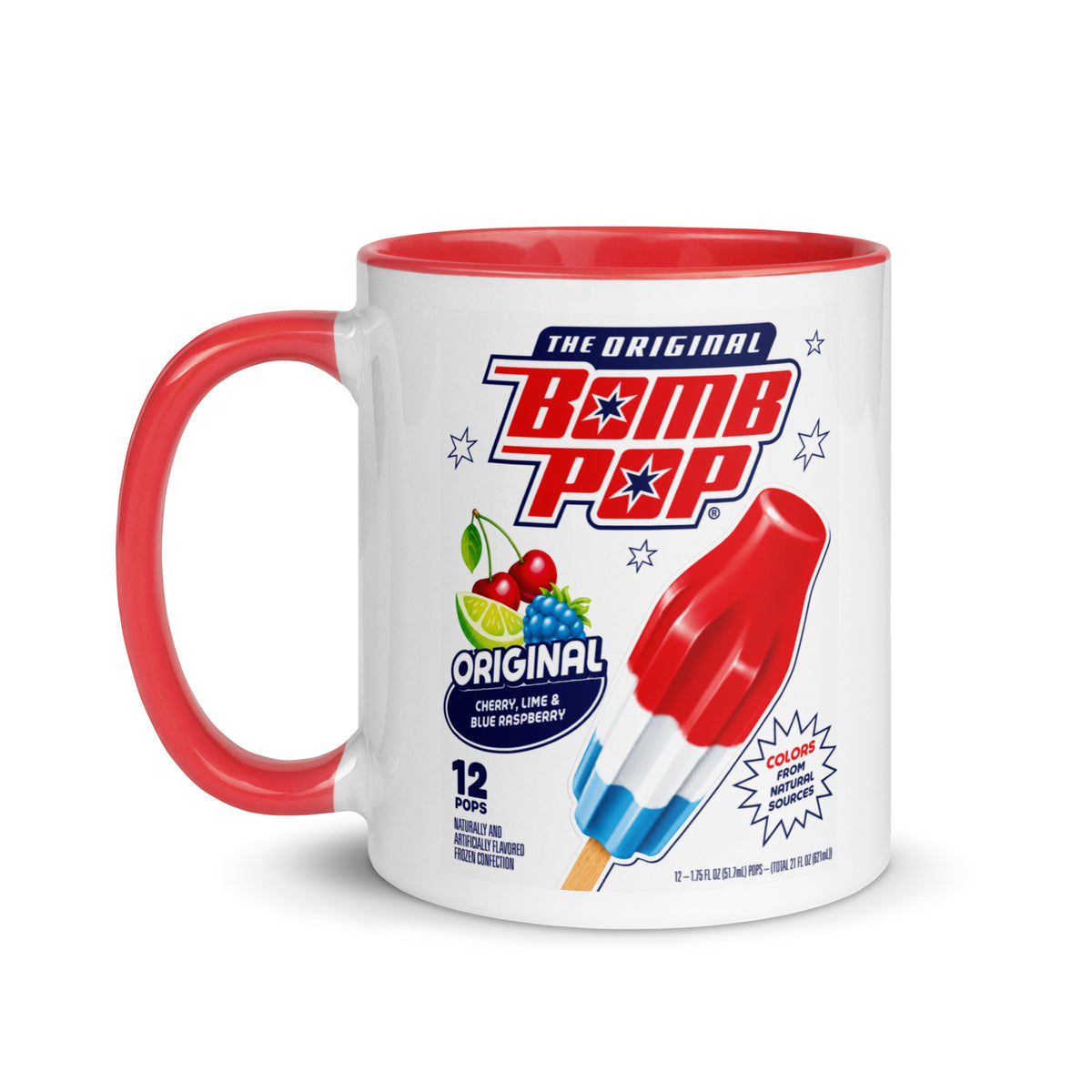 Retro Bomb Pop coffee mug with red handle and nostalgic red white and blue frozen treat design
