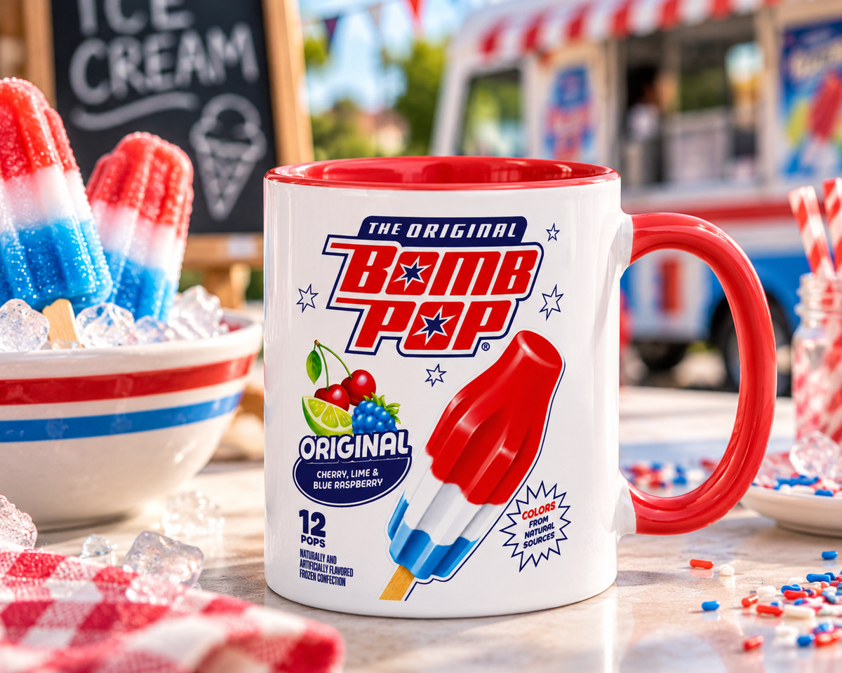 Original Bomb Pop ceramic coffee mug featuring classic cherry lime and blue raspberry frozen pop artwork