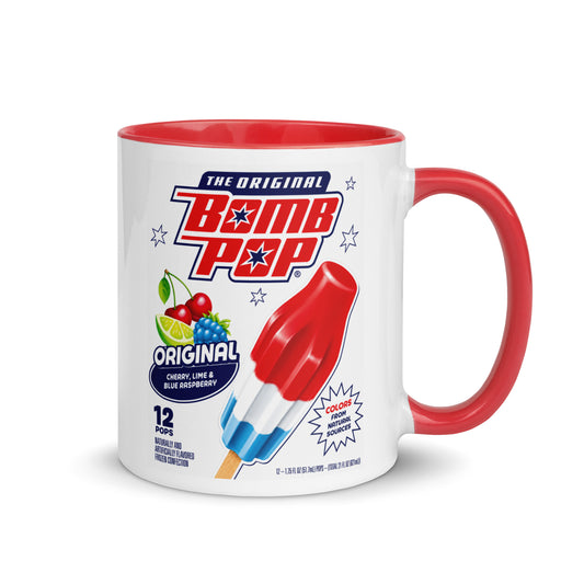Bomb Pop 11 oz coffee mug with classic red white and blue Original Bomb Pop design and red handle