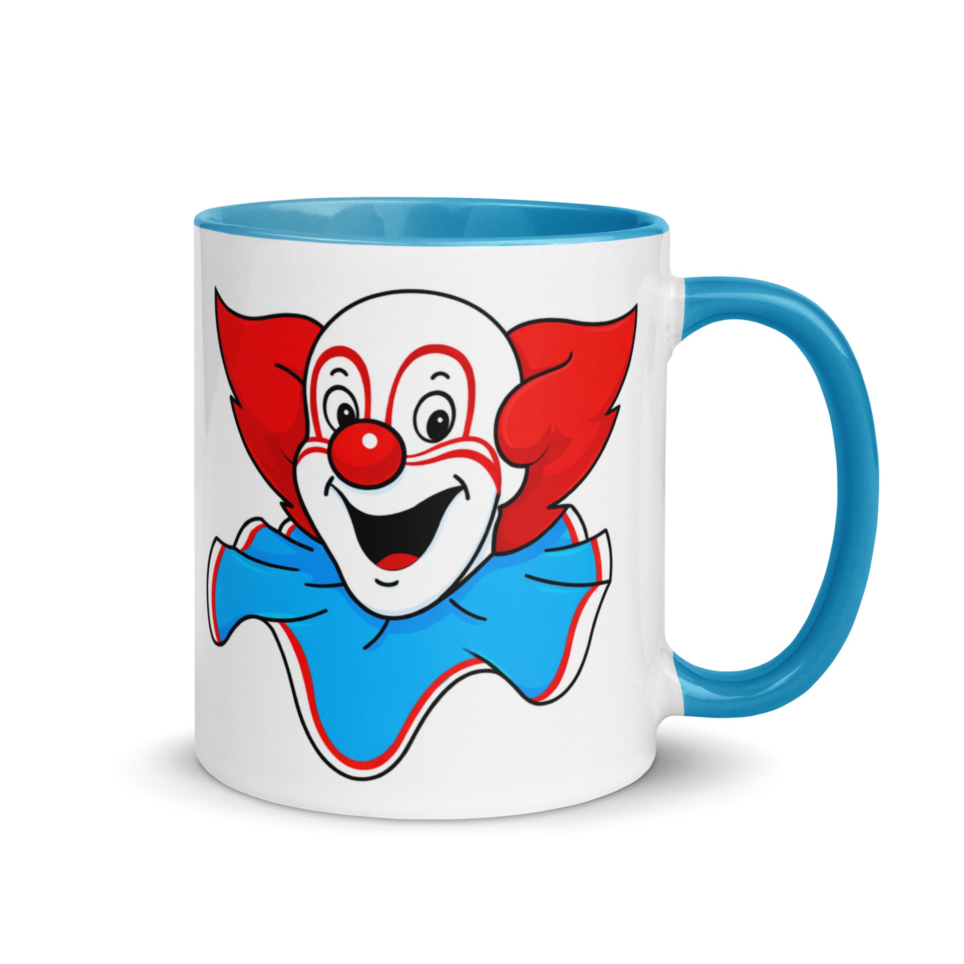 Bozo the Clown coffee mug with classic TV clown design, blue handle and interior.
