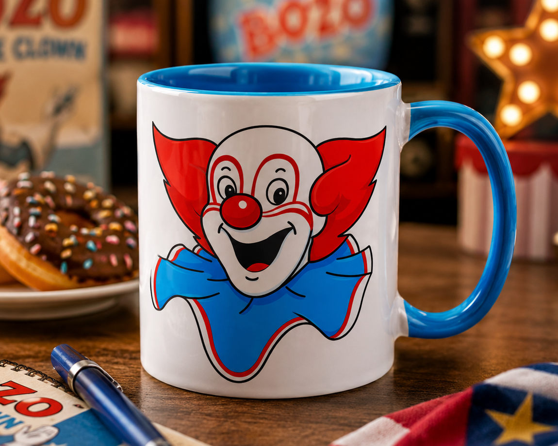 Vintage Bozo the Clown 11oz ceramic coffee mug featuring iconic clown character artwork in a retro television themed lifestyle mockup.