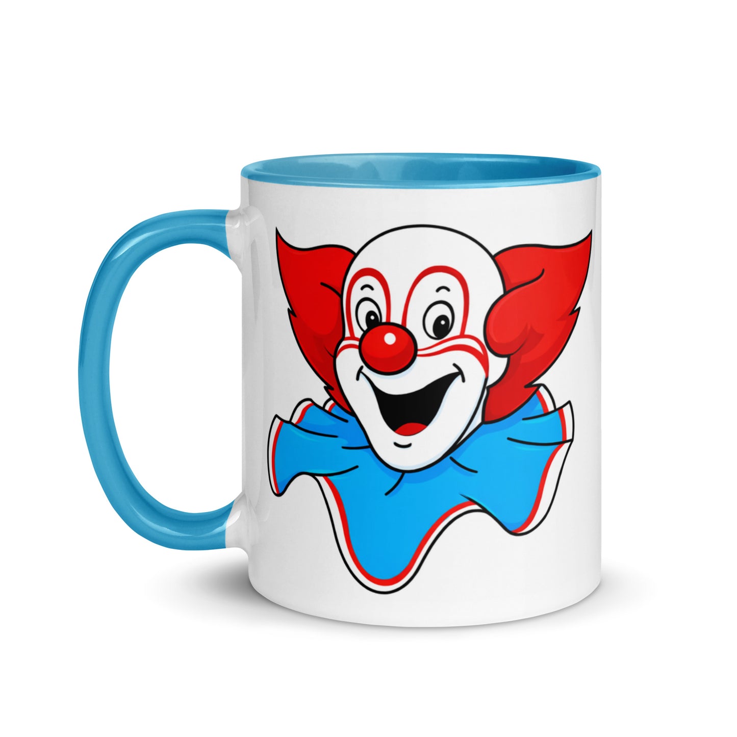 Bozo the Clown collectible coffee mug with blue accent handle, perfect gift for retro TV fans, nostalgia collectors, and coffee lovers.