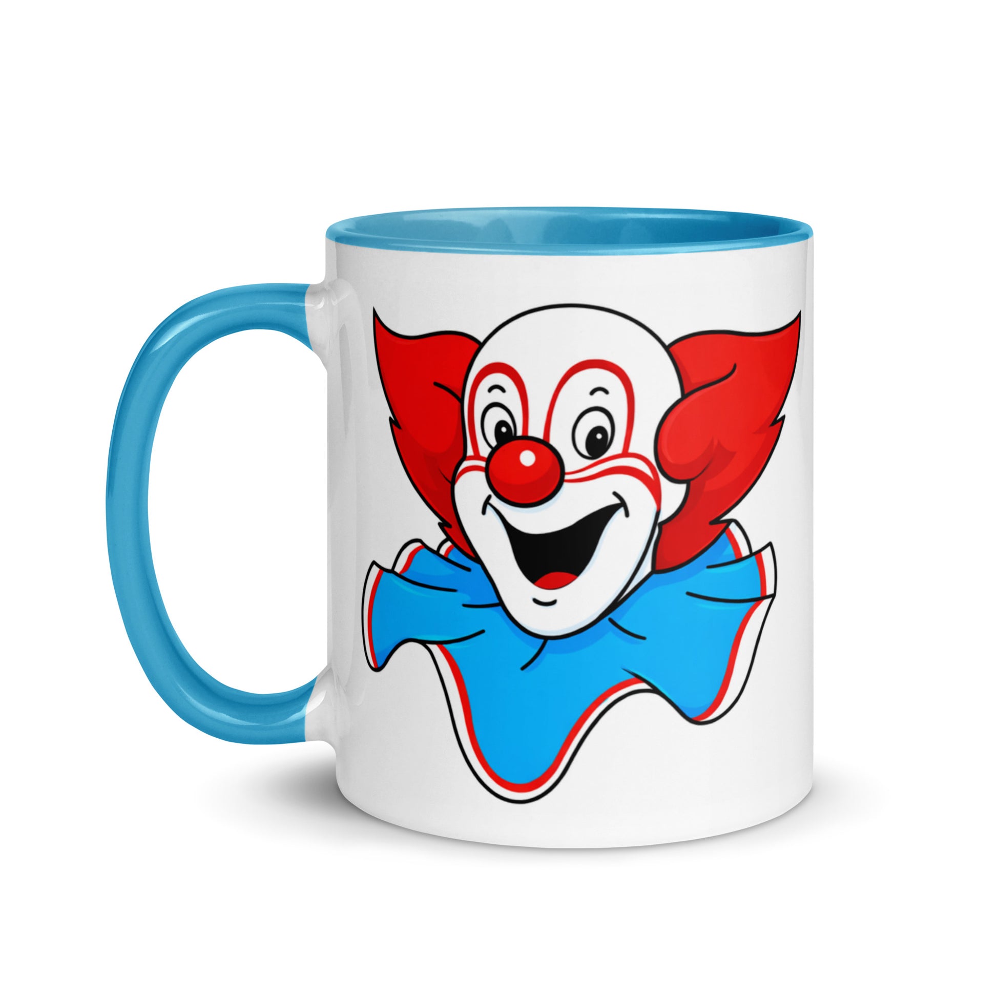 Bozo the Clown collectible coffee mug with blue accent handle, perfect gift for retro TV fans, nostalgia collectors, and coffee lovers.