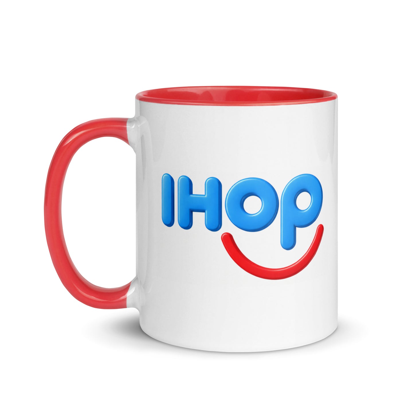 Vintage IHOP logo coffee mug inspired by classic American breakfast restaurants, red handle ceramic mug for brunch fans and collectors.
