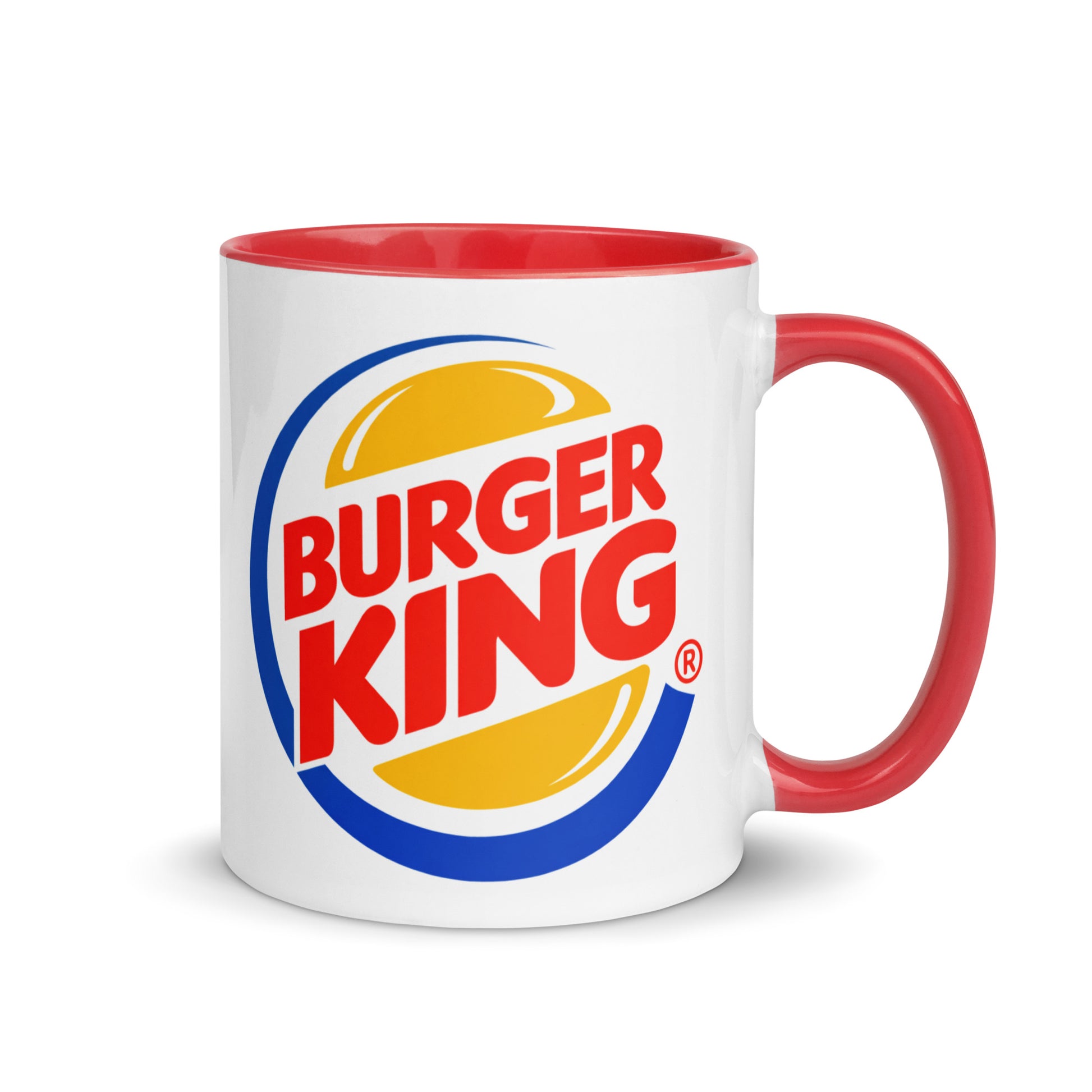 Burger King logo coffee mug with classic fast food branding on a white ceramic mug featuring a red handle and interior, perfect for restaurant memorabilia collectors.
