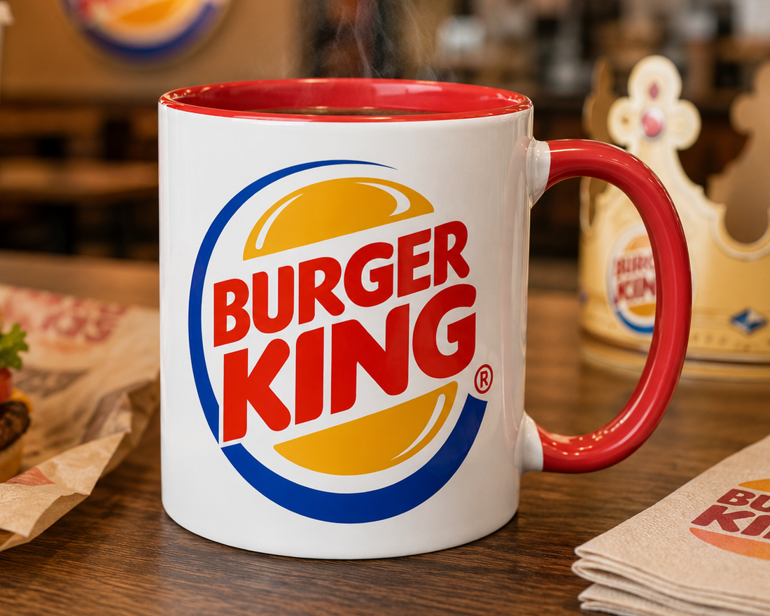 Burger King logo coffee mug with classic fast food branding on a white ceramic mug featuring a red handle and interior, perfect for restaurant memorabilia collectors.