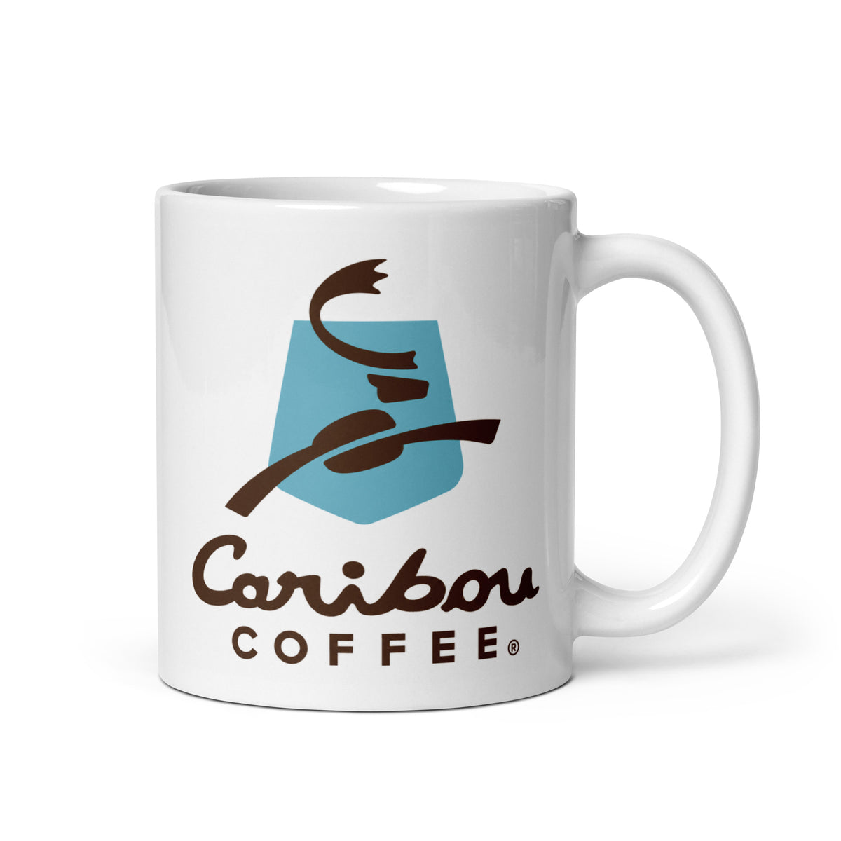Caribou Coffee 11 oz white ceramic coffee mug with classic blue and brown logo