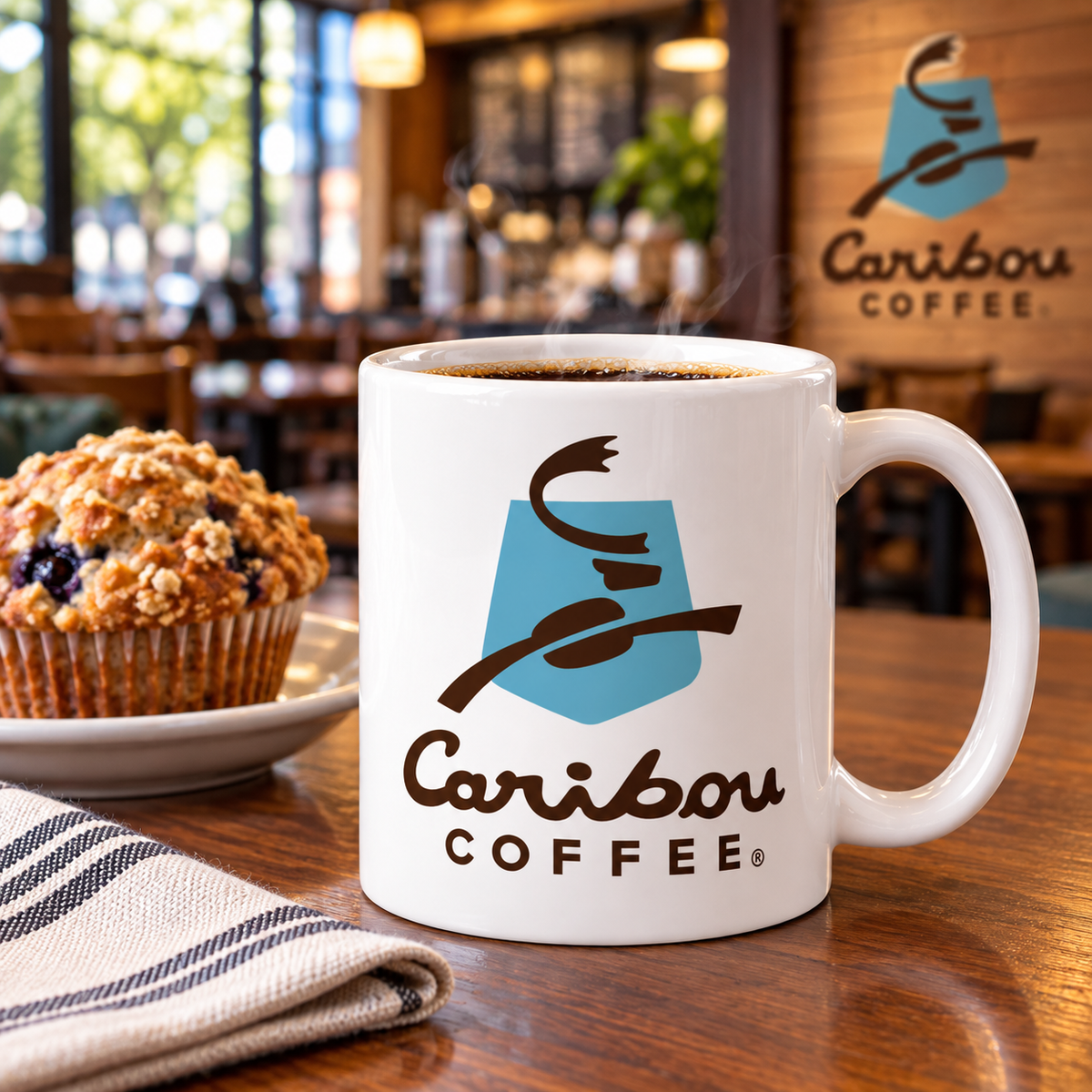 Caribou Coffee logo coffee mug featuring classic blue and brown design on white ceramic 11 oz mug