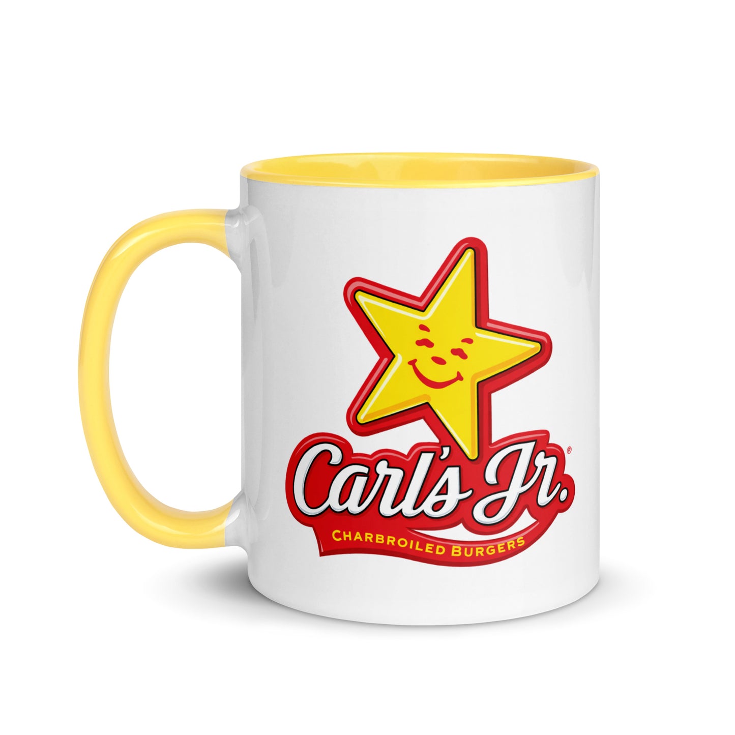Carl's Jr. coffee mug with classic star logo artwork, collectible restaurant-themed drinkware gift for burger lovers, nostalgic fast food fans, and coffee enthusiasts.